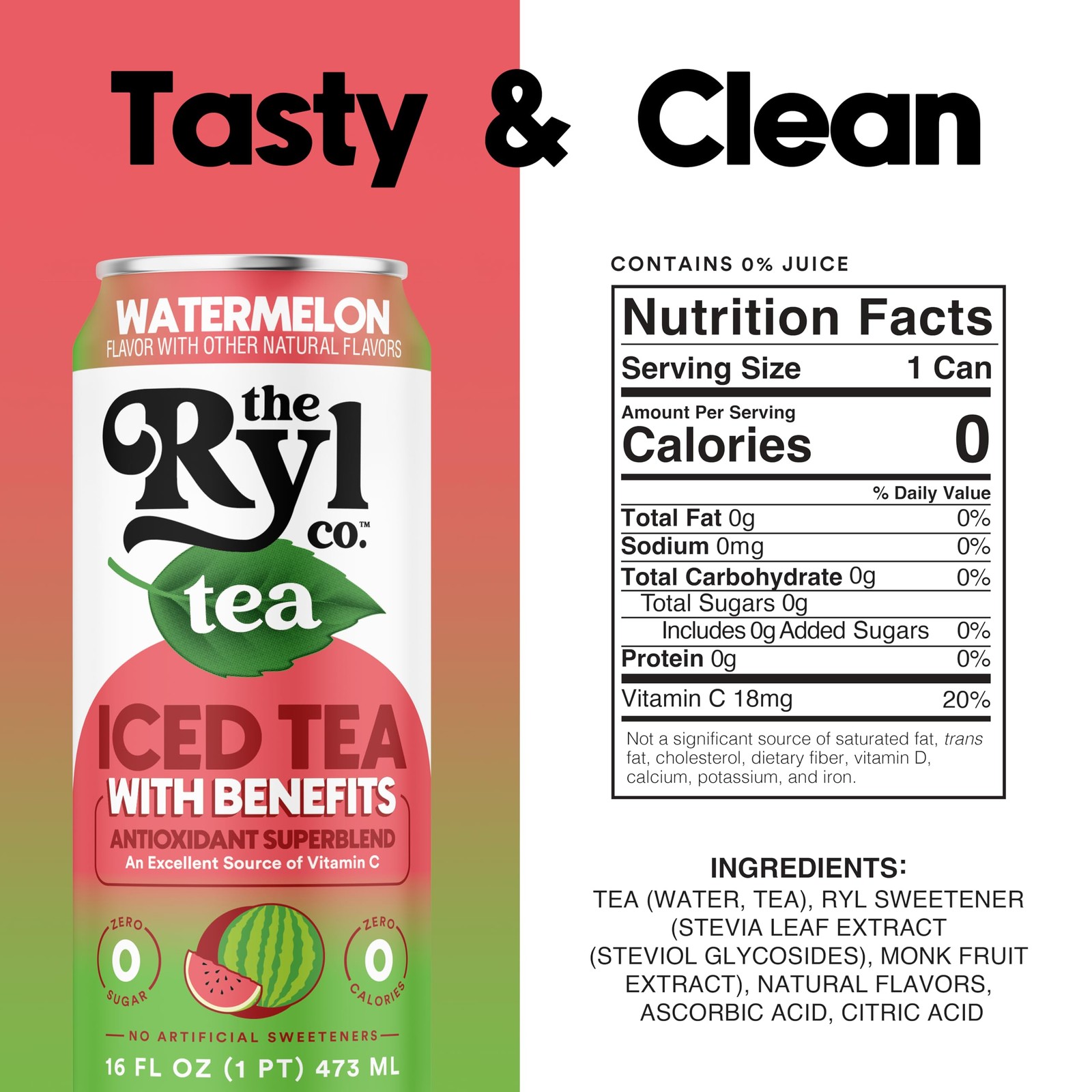 Watermelon Iced Tea, Antioxidant Superblend, Zero Sugar, Low Carb, 12-Pack