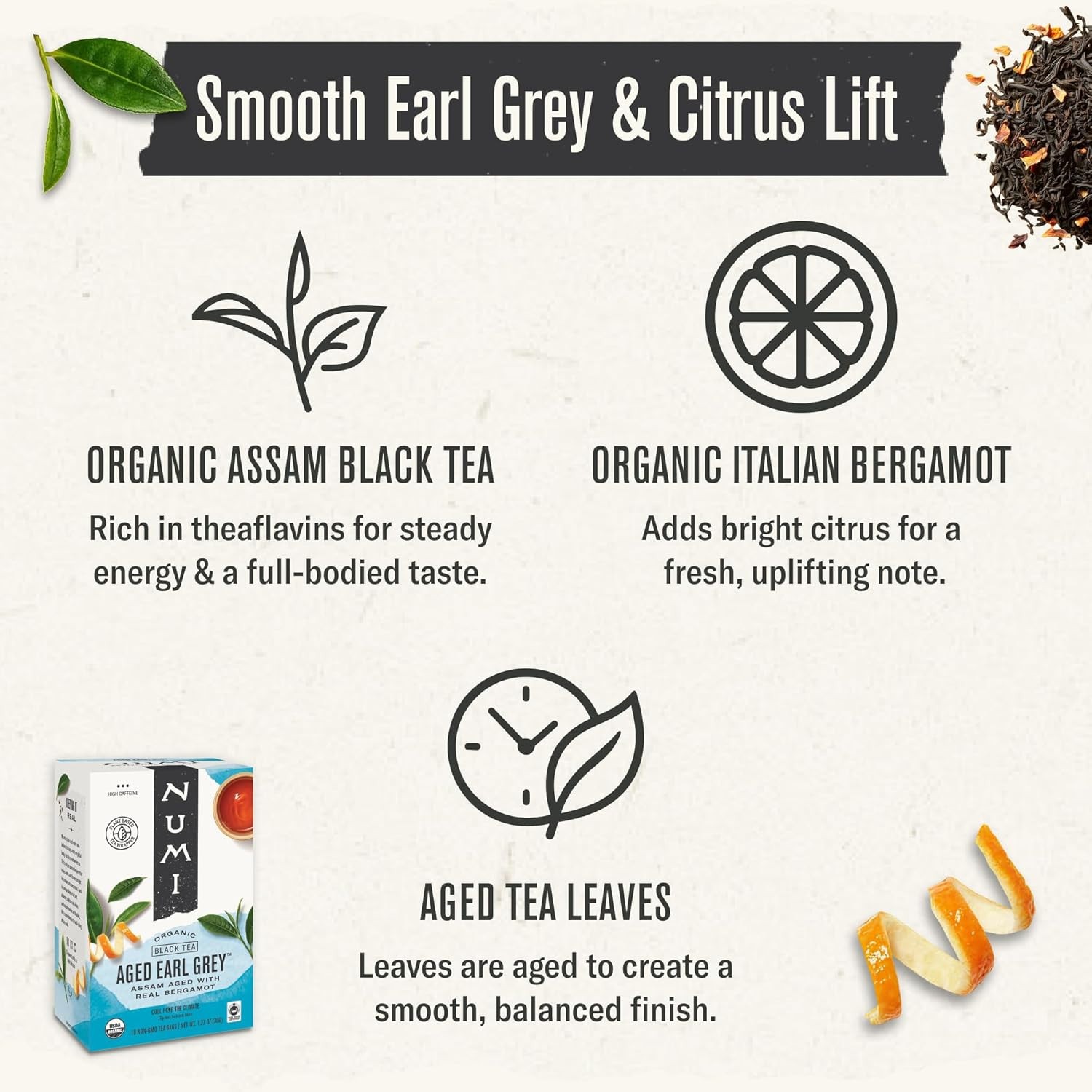 18pk Numi Organic Aged Earl Grey Tea, Assam Black w/ Real Bergamot, EXP 11/14/28