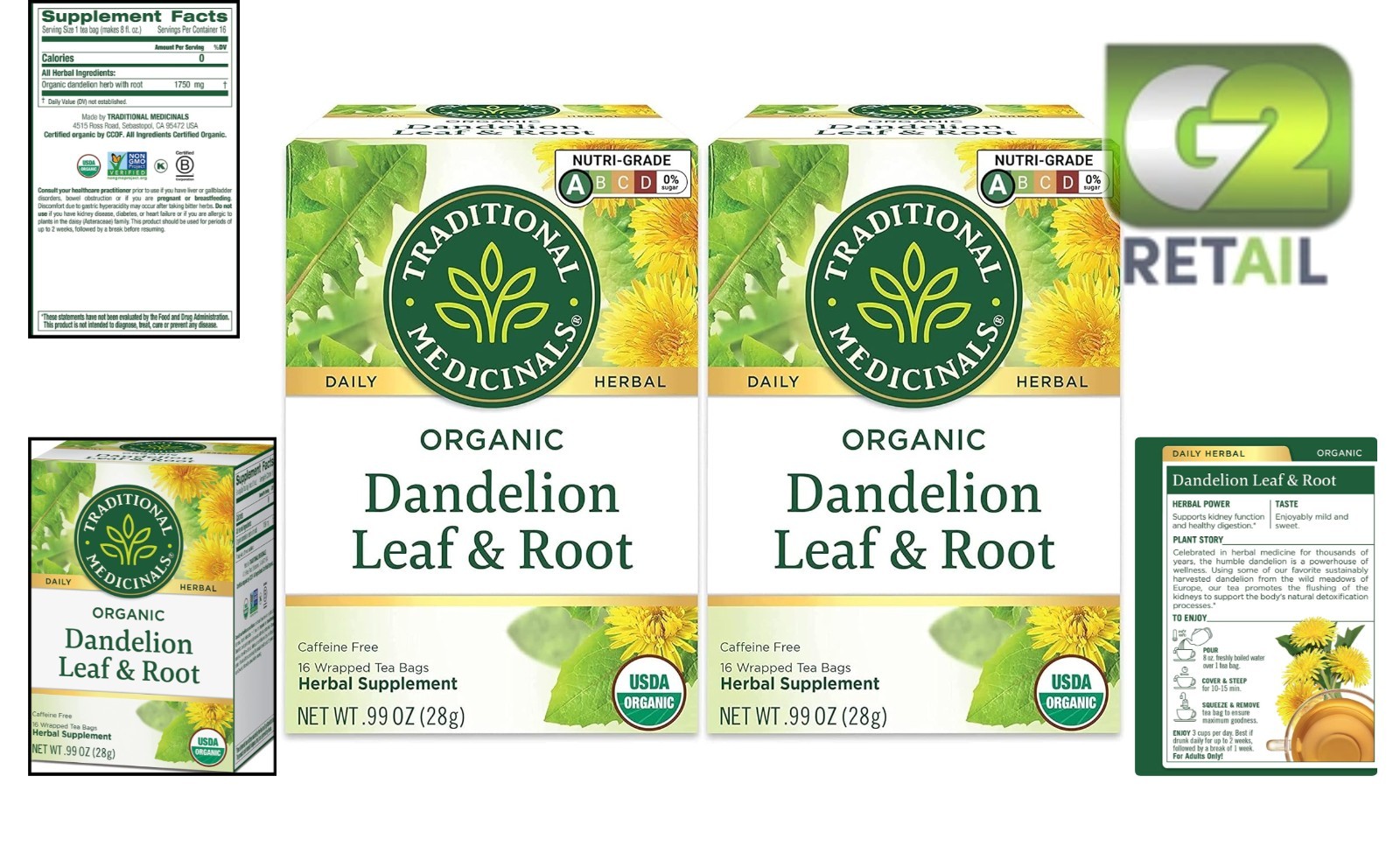 Supportive Organic Dandelion Tea – 16 Bags Each, Pack of 2 for Better Digestion