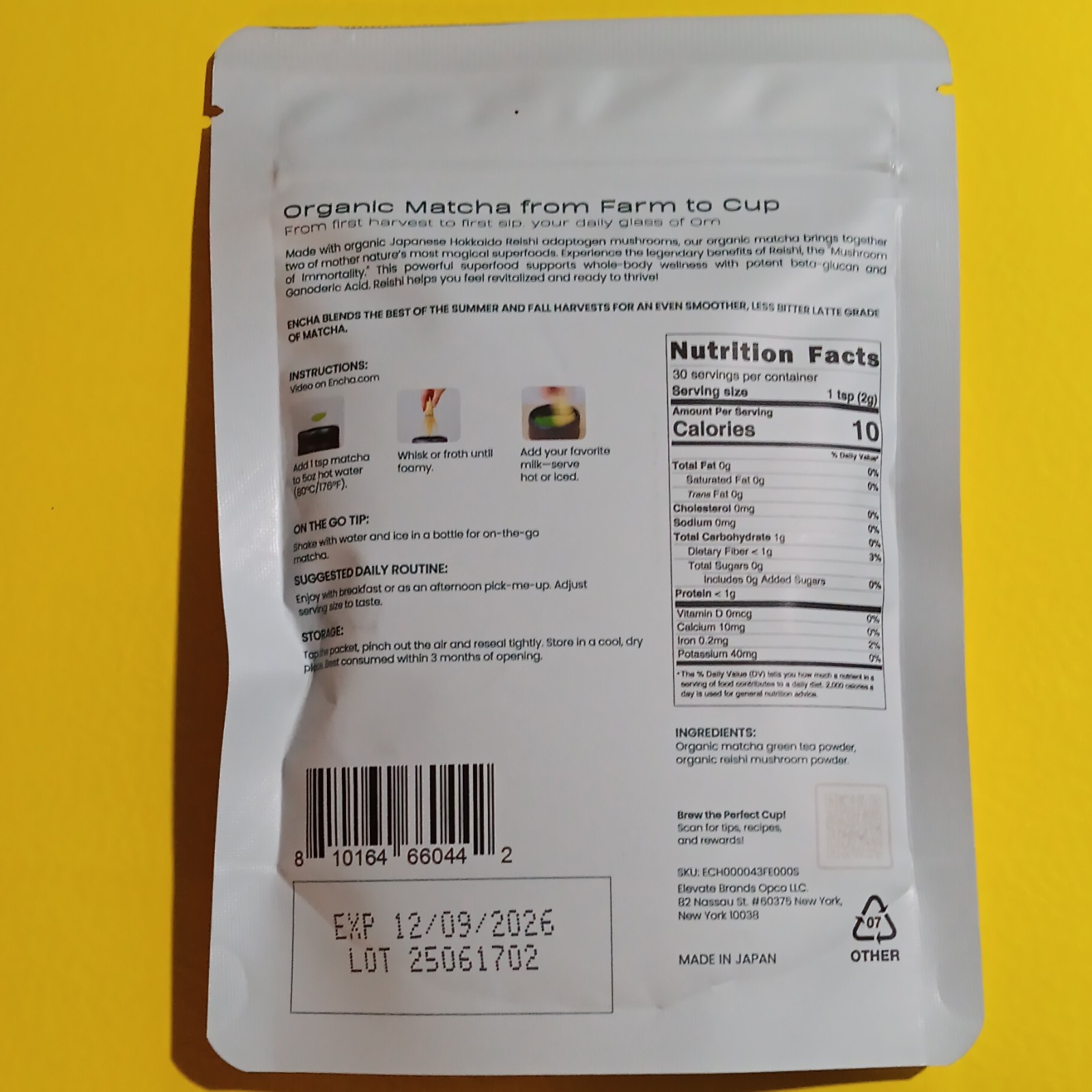 Encha Organic Matcha Reishi Mushroom Powder 60g 30 Servings Exp 12/09/2026