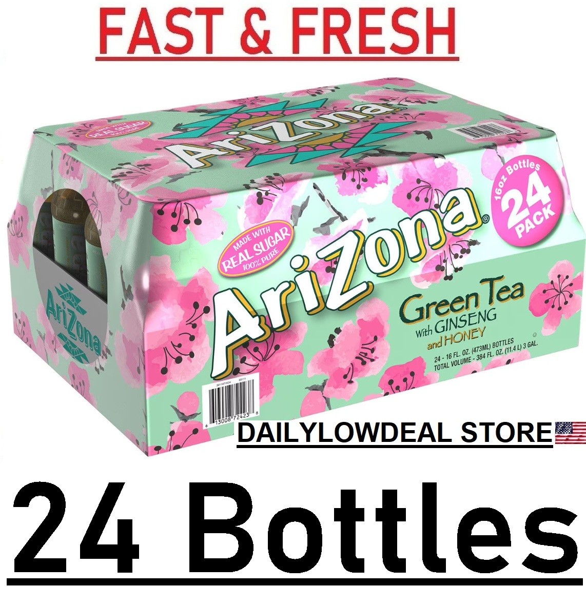 24 Bottles – Arizona Green Tea – Ginseng and Honey 16 fl. oz. Each FAST SHIP!!