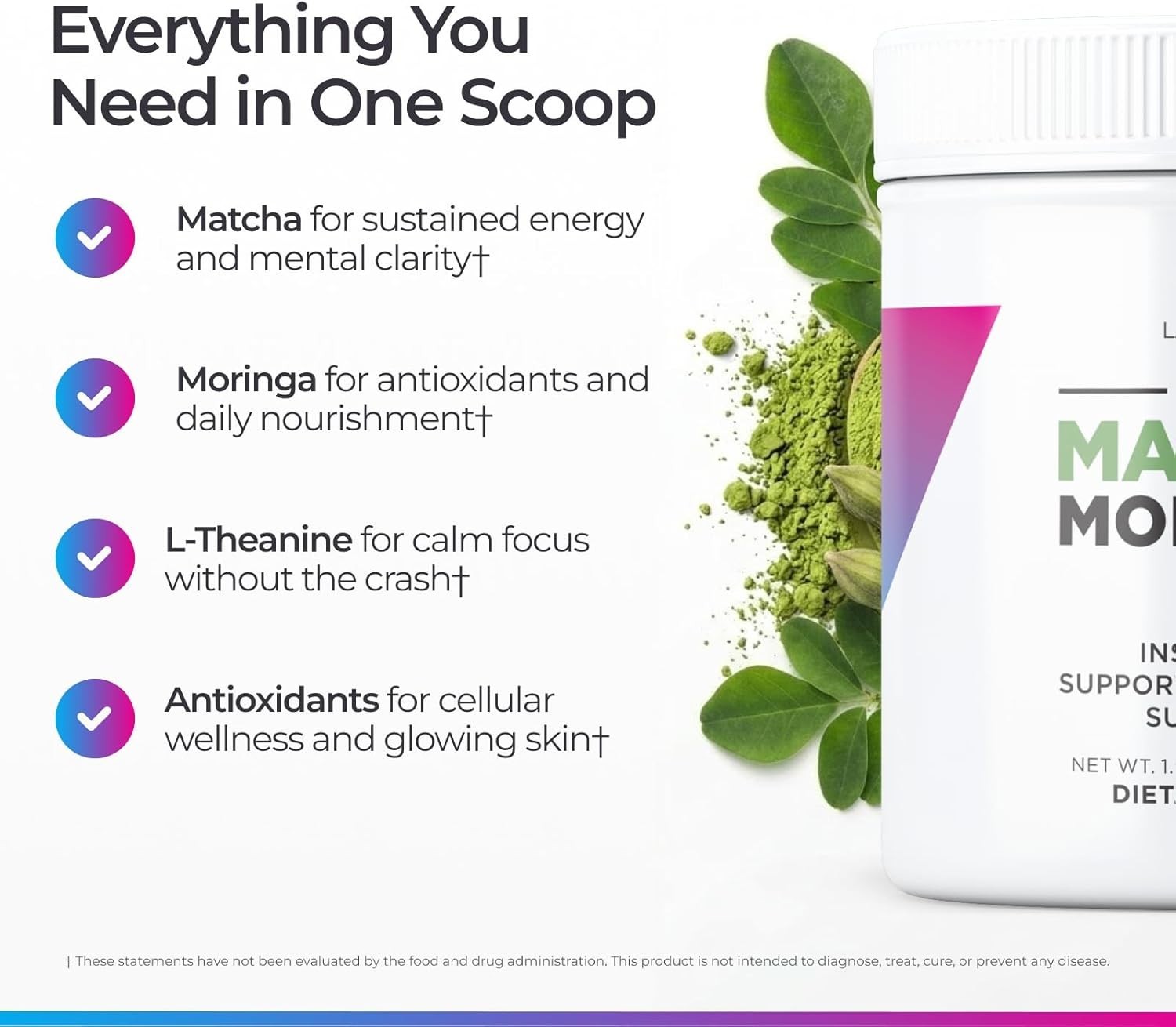 Livingood Daily Matcha + Moringa Powder, 30 Servings – 2in1 Matcha Powder and Mo