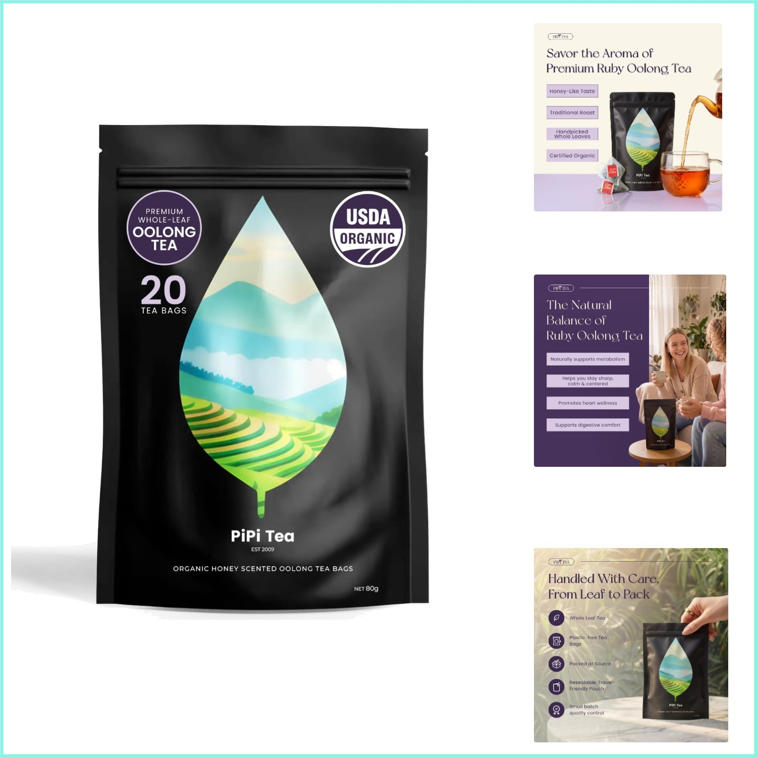 PiPi Tea Organic Oolong Bags – Whole Leaf, 20 (4g Each) 20