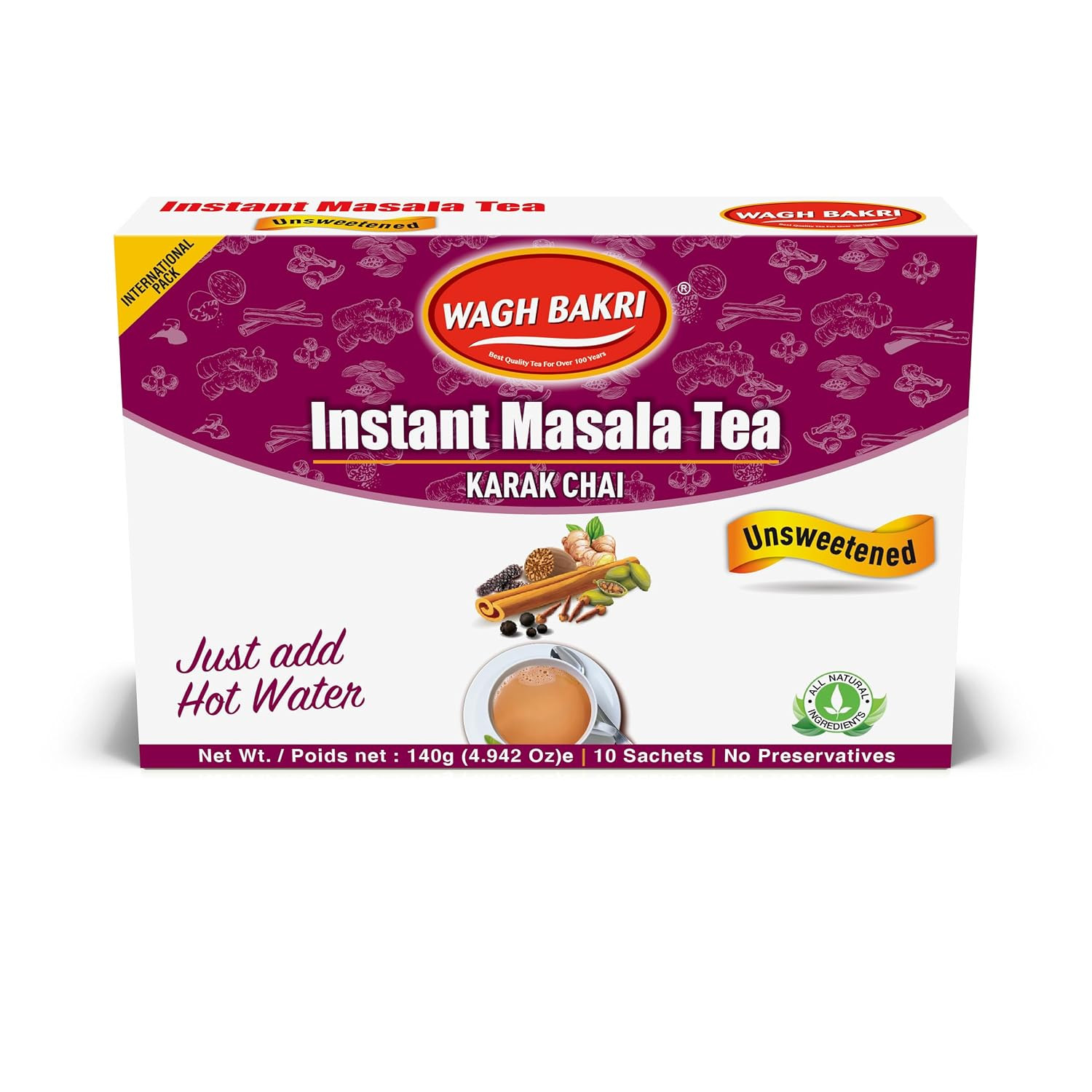 Instant Masala Chai Tea Unsweetened 10 Sachets 140g