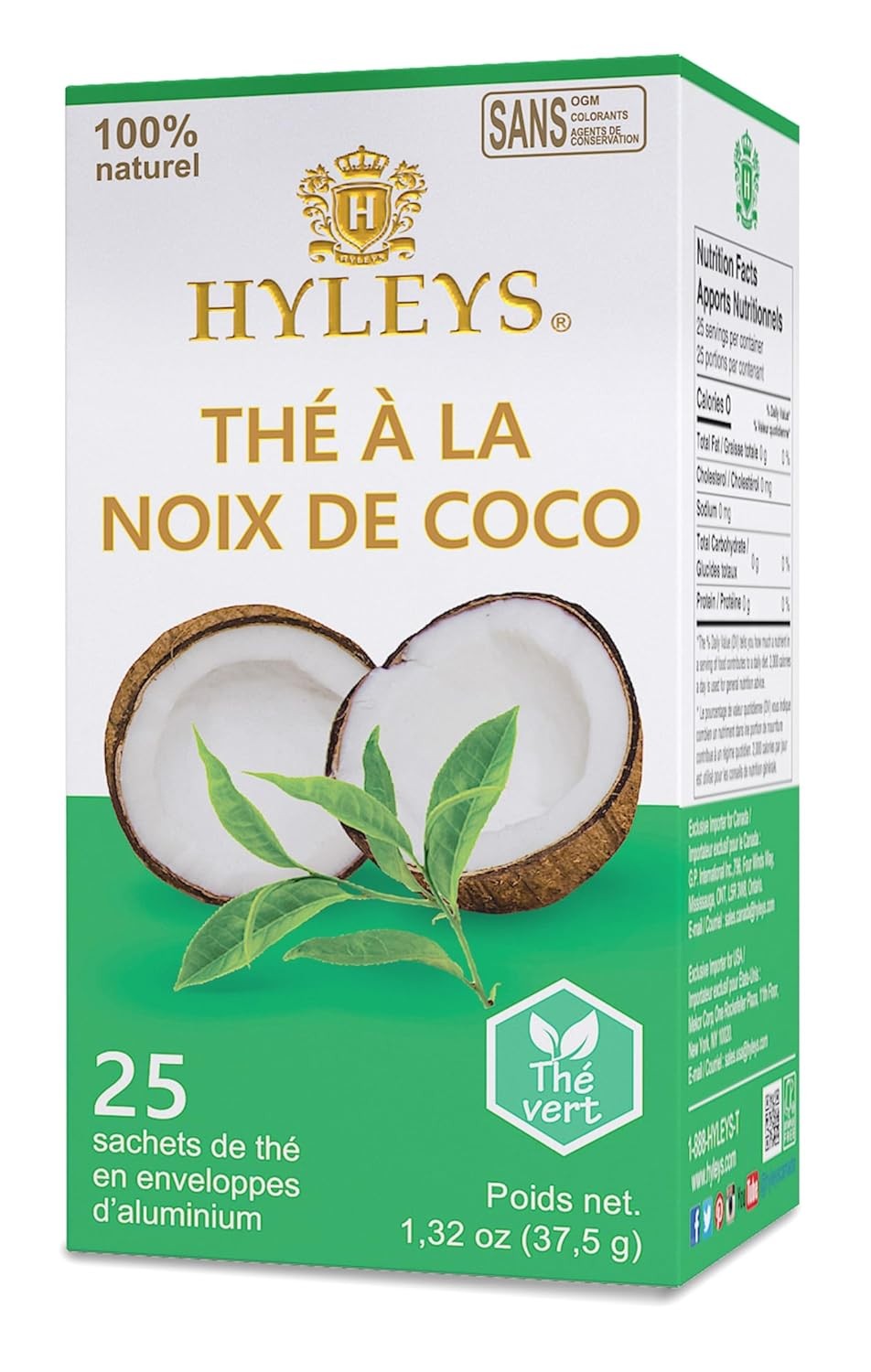 Hyleys Wellness Natural Coconut With Green Tea – 25 Tea Bags (Gmo Free, Gluten
