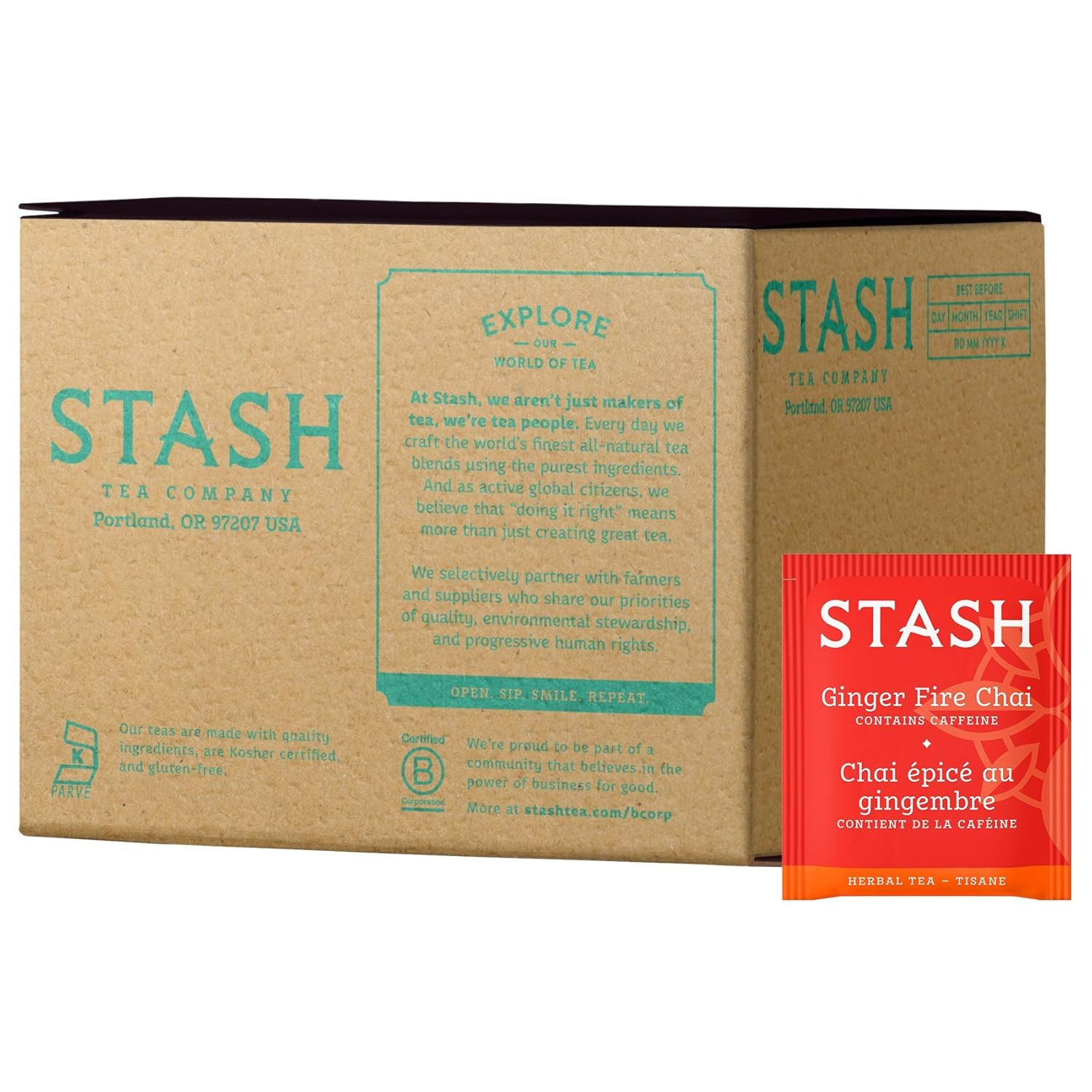 Stash Tea Ginger Fire Chai Herbal Tea Caffeinated, Non-GMO, 100 Count