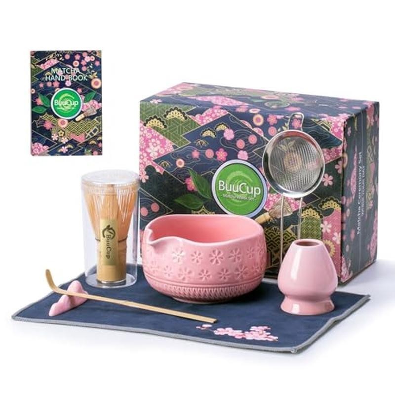Matcha Whisk Set W/ Bowl Sifter Bamboo Scoop Holder Tea Towel 7 Pcs Kit Pink New