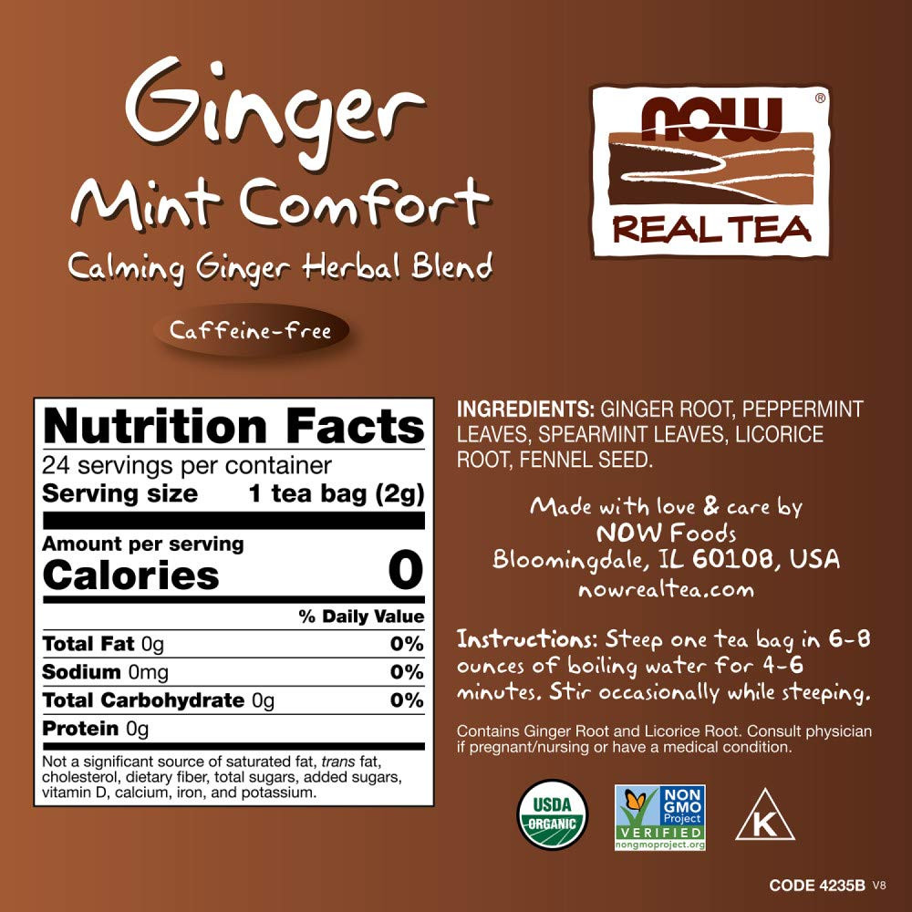 NOW Foods Give a Tea Ginger Mint Comfort Tea, Caffeine-Free, Calming, 24-Count