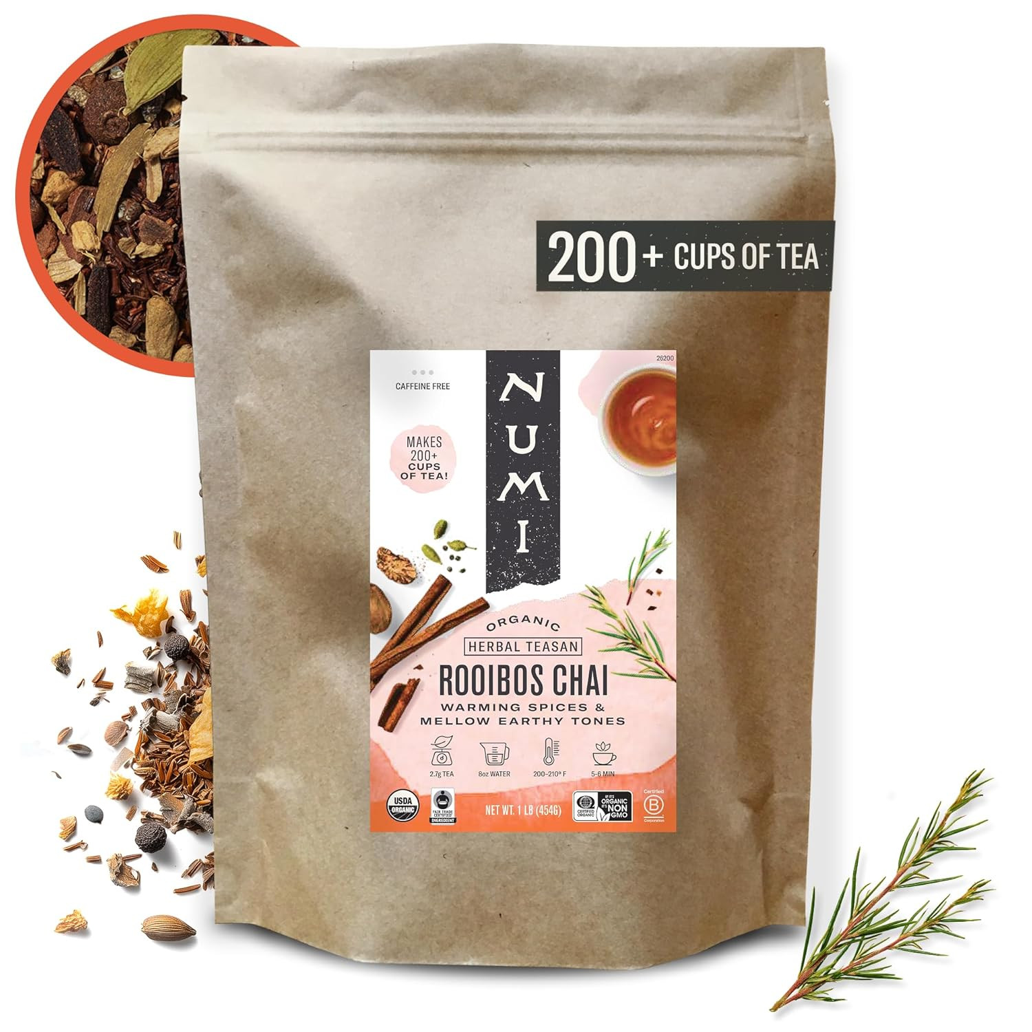 Numi Organic Rooibos Chai Tea, 100 Tea Bags, Herbal Red Tea with Cinnamon, Allsp