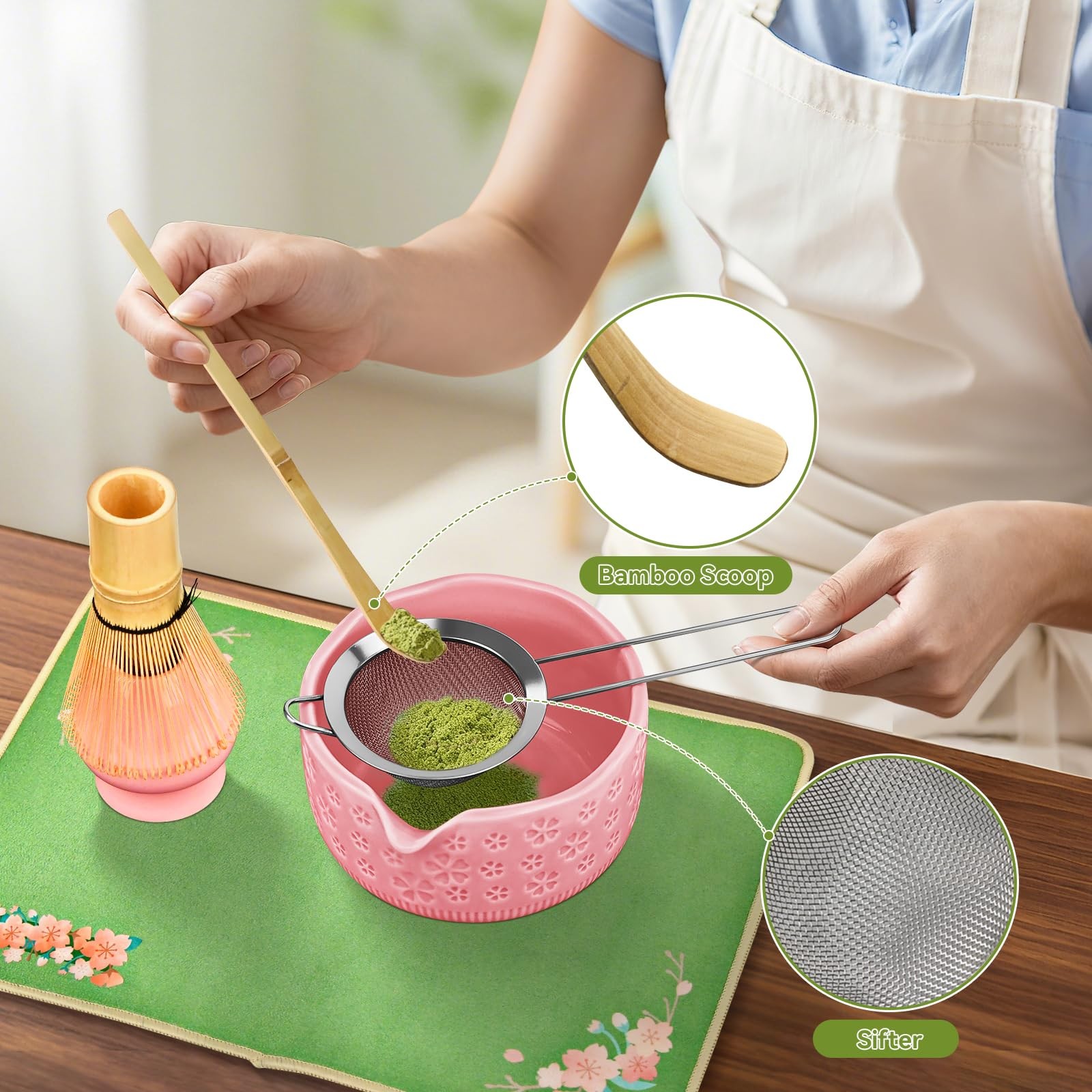7 PCS Matcha Whisk Making Kit Bowl Scoop Sifter Tea Towel Holder Set