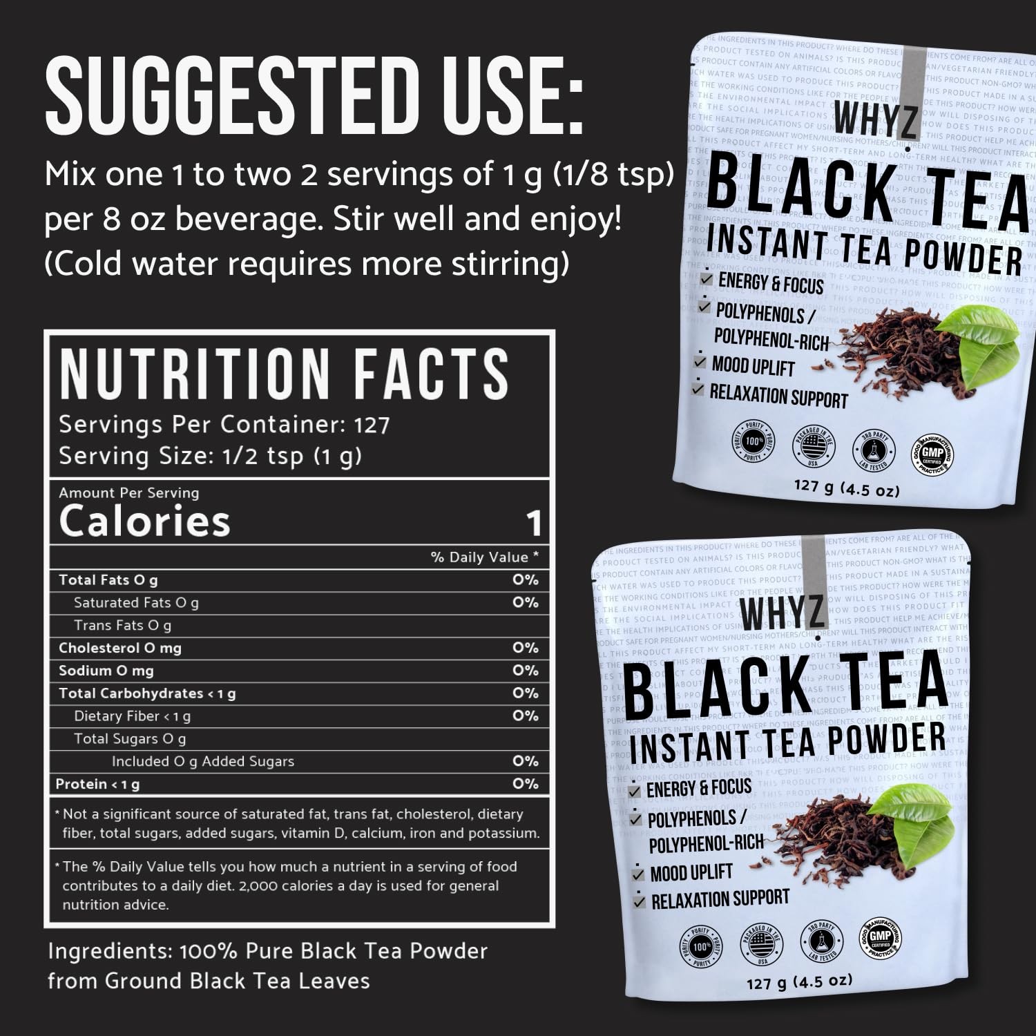 Instant Black Tea Powder, 4.5 Oz, Unsweetened Iced Tea Concentrate from Real Bla