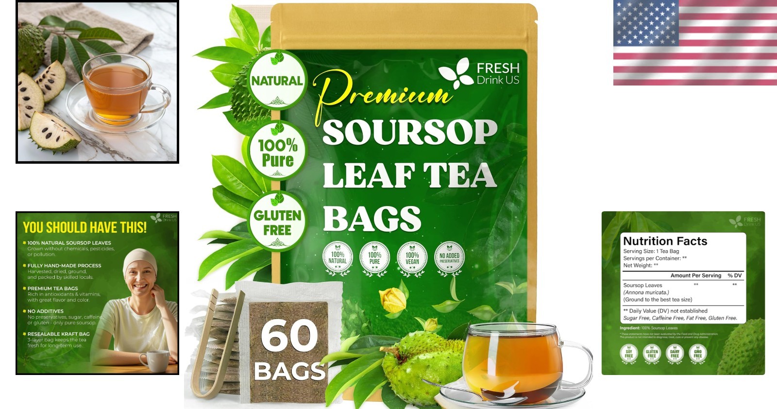 Natural Soursop Tea Bags – 60 Count, Sugar Free & Gluten Free for Digestion