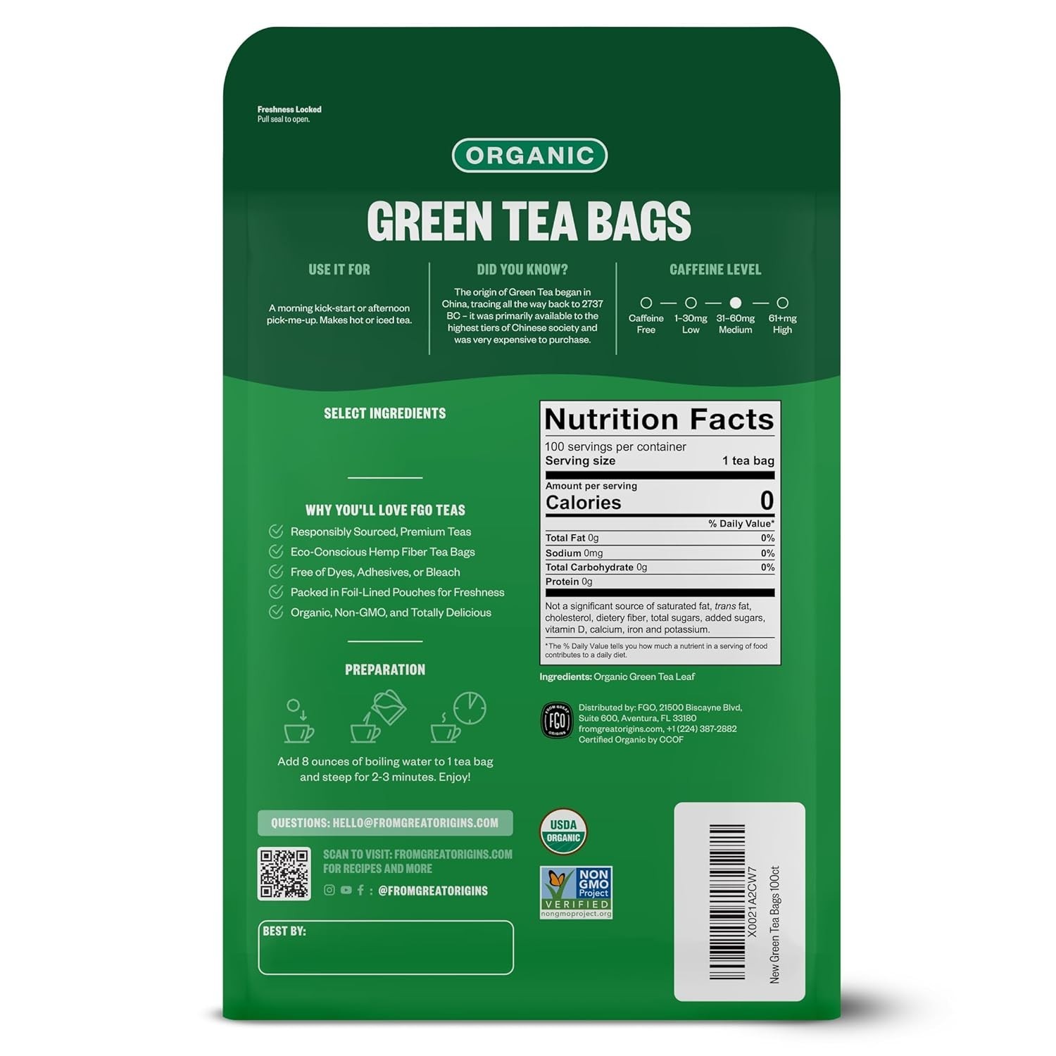 Organic Green Tea, 100 Count Eco-Conscious Tea Bags, Caffeinated, Resealable …