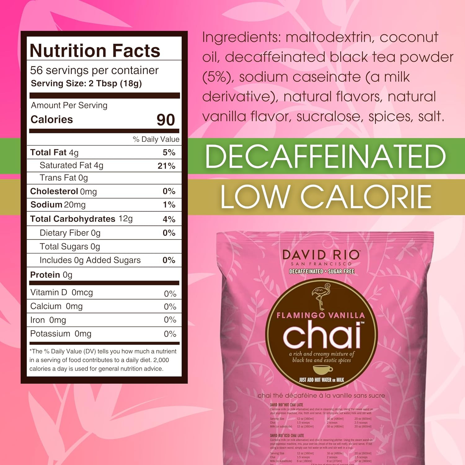 Flamingo Vanilla Decaffeinated Reduced Calorie Chai Tea Latte Mix, 48 Oz, Decaf