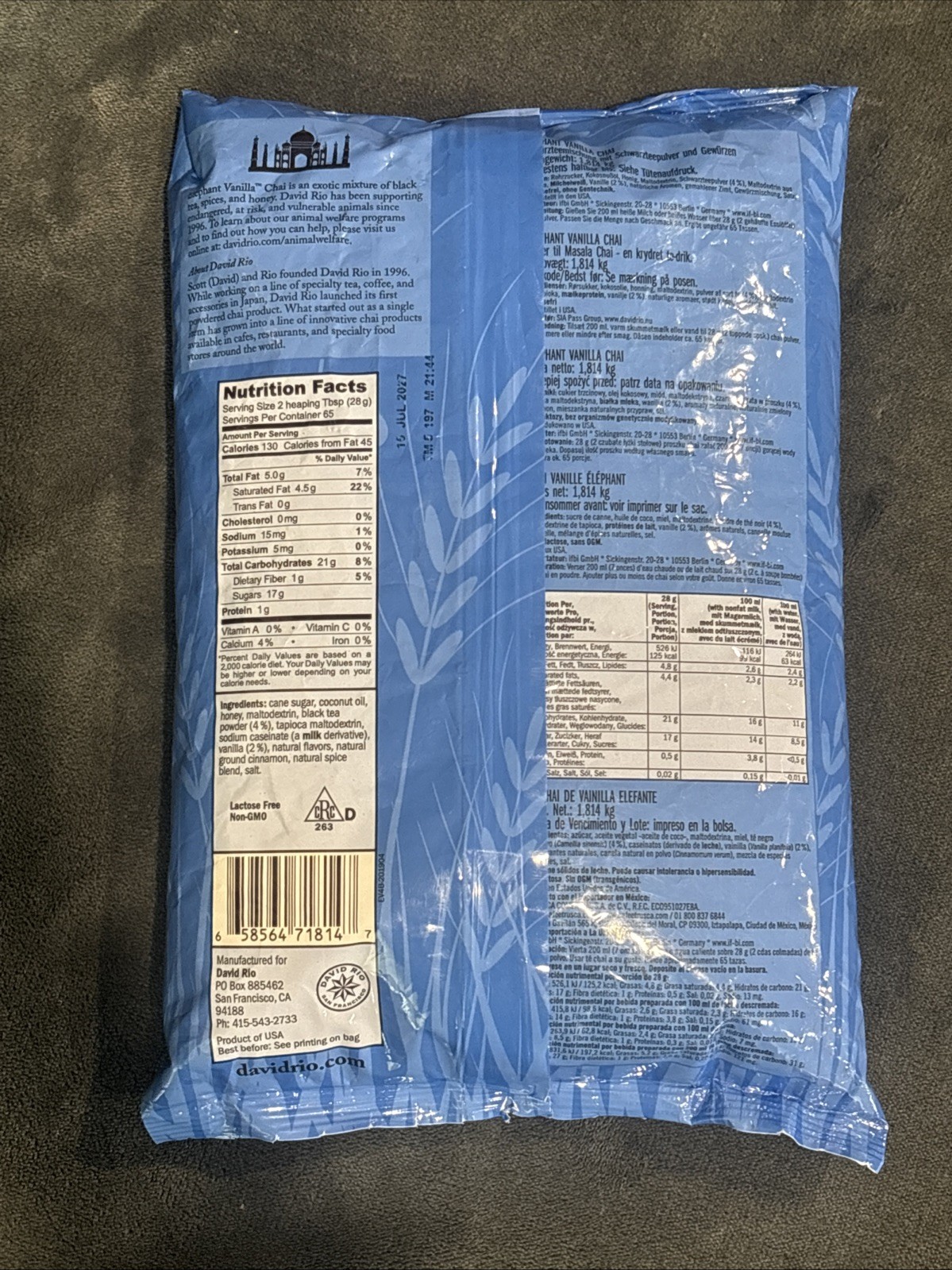 David Rio Elephant Vanilla Chai, Bulk, 4lb. Bag, New. Exp 07/2027