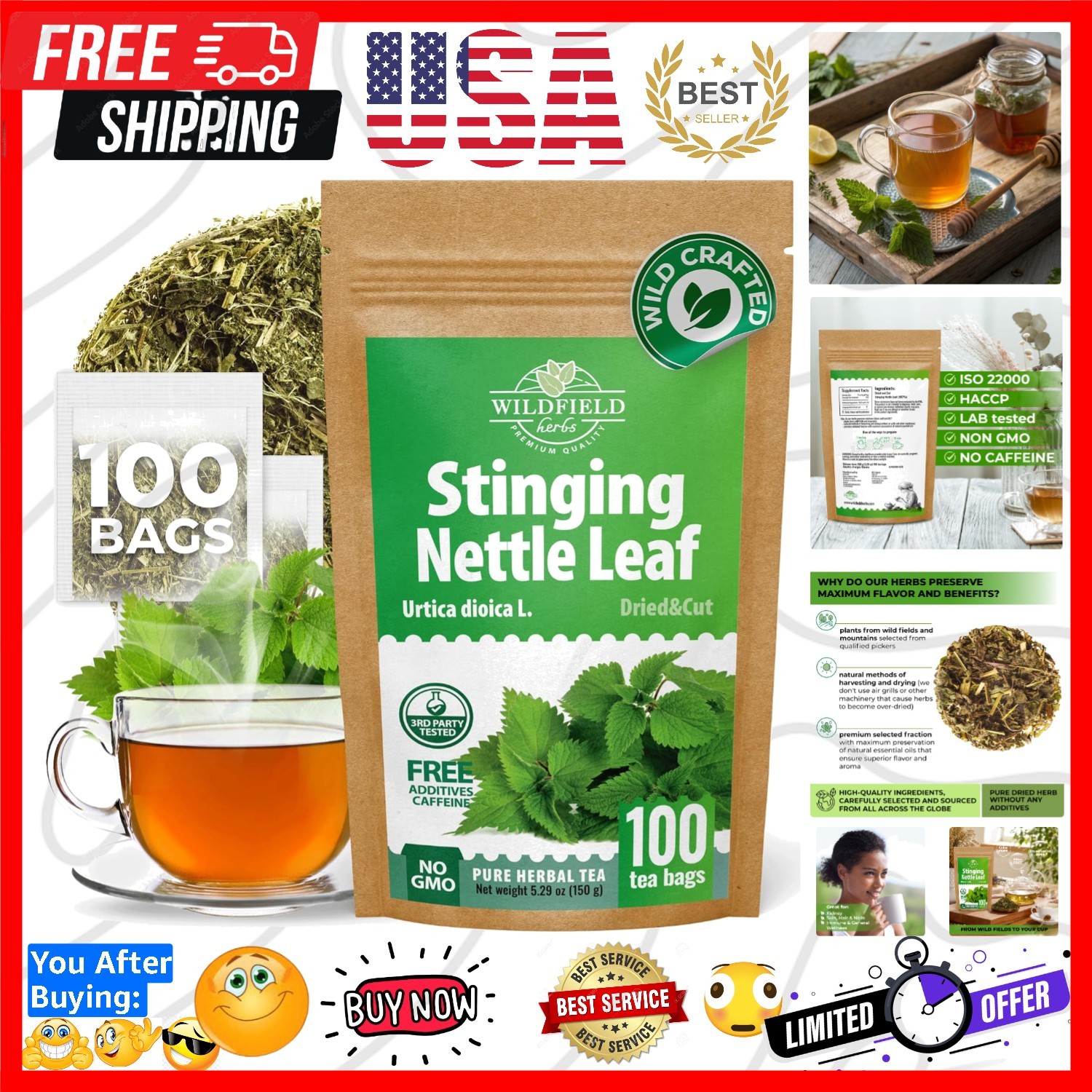 100 Bags Nettle Leaf Tea Ortiga Dried Nettle Herb Planta Bulk Urtica Dioica -…