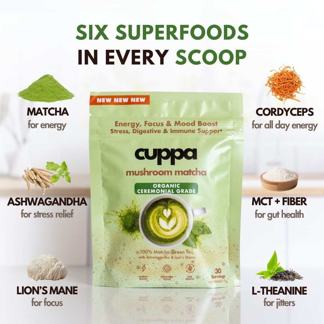 Mushroom Matcha with Lion’s Mane & Ashwagandha – 30 Servings | Energy & Foc