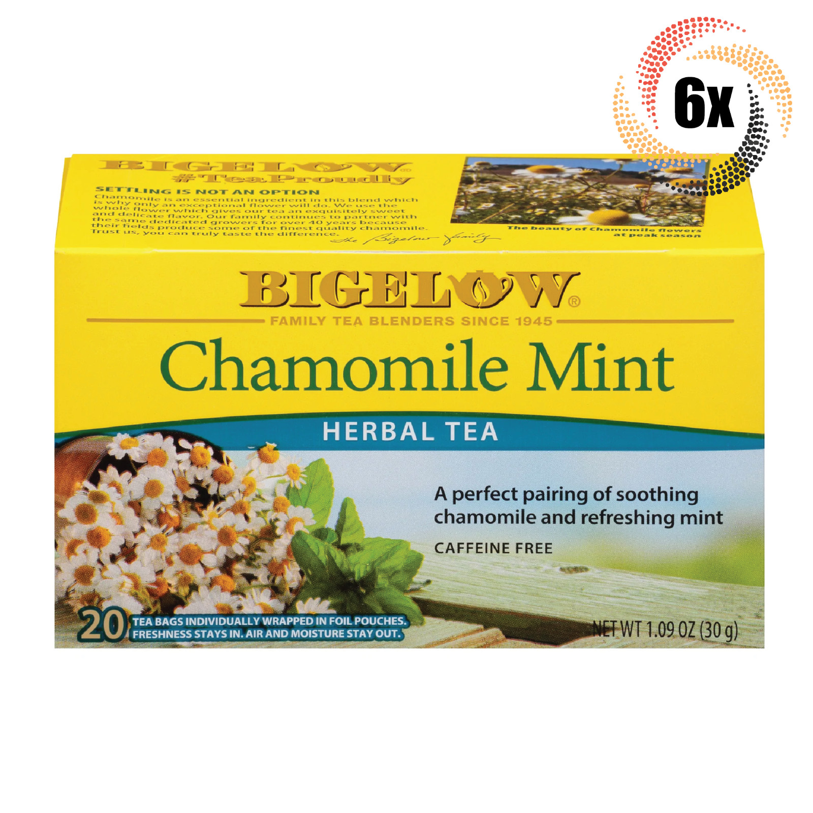 6x Boxes Bigelow Chamomile Mint Herbal Tea | 20 Pouches Per Box | 1.09oz