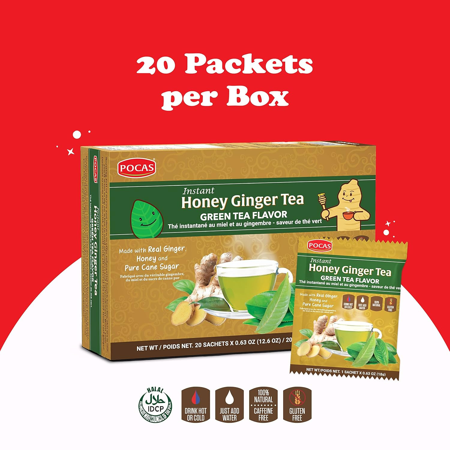 Honey Ginger Instant Tea Powder, Green Tea Flavor, Ginger Extract & Real Honey,