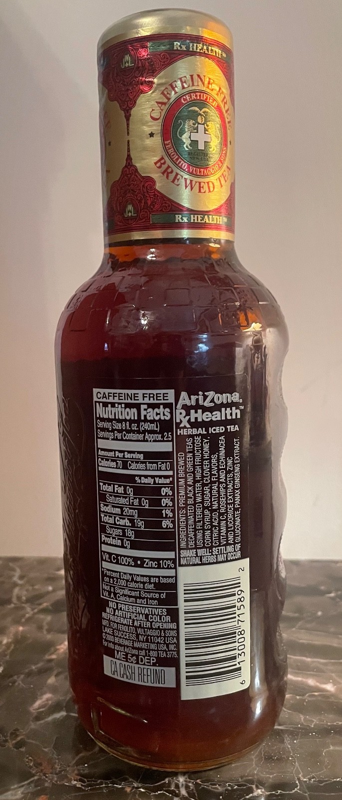 One 20oz AriZona Rx Heaqlth Herbal Iced Tea New Old Stock (Collectable)