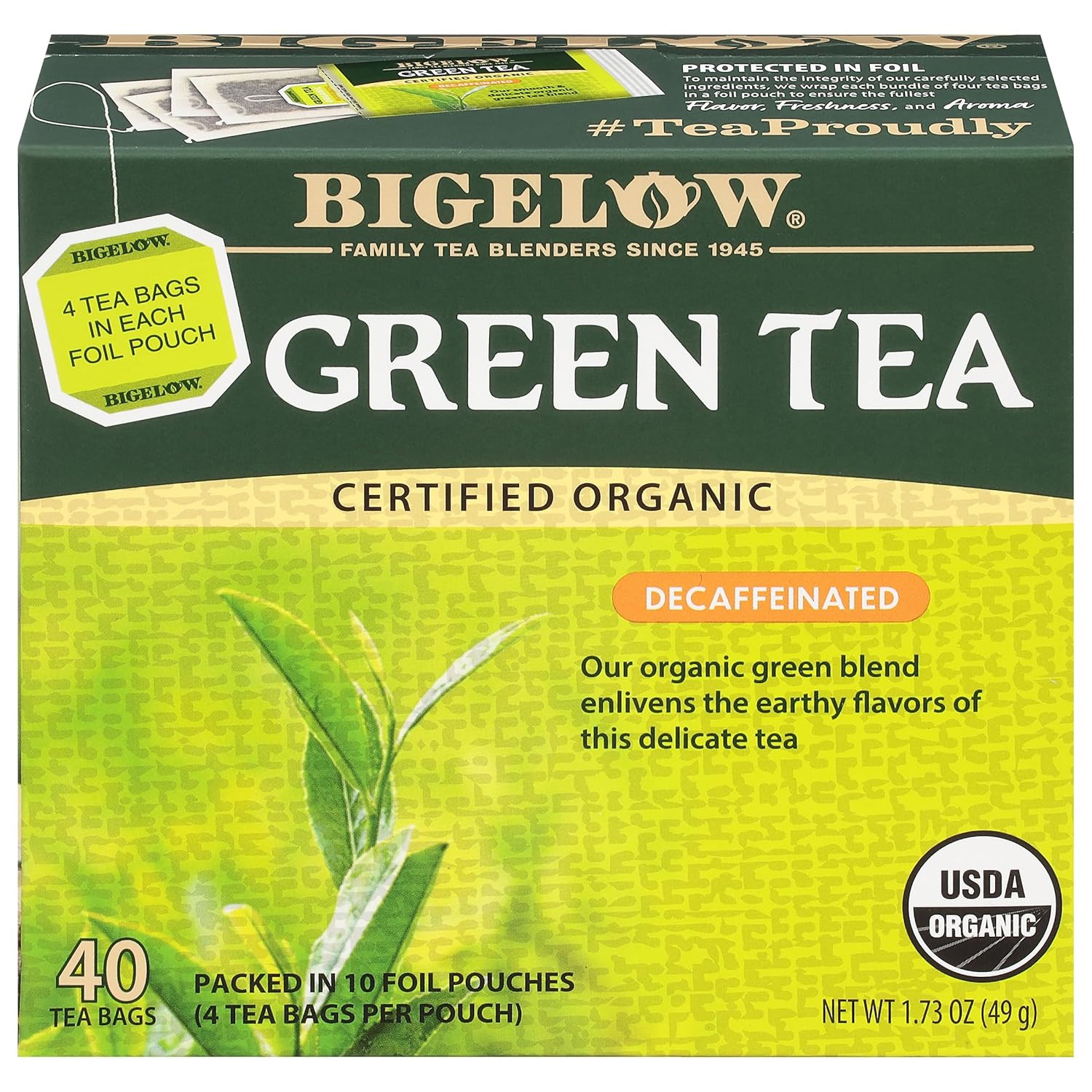 Bigelow Organic Decaffeinated Green Tea, 40 Count (Pack of 6), 240 Total Tea Bag