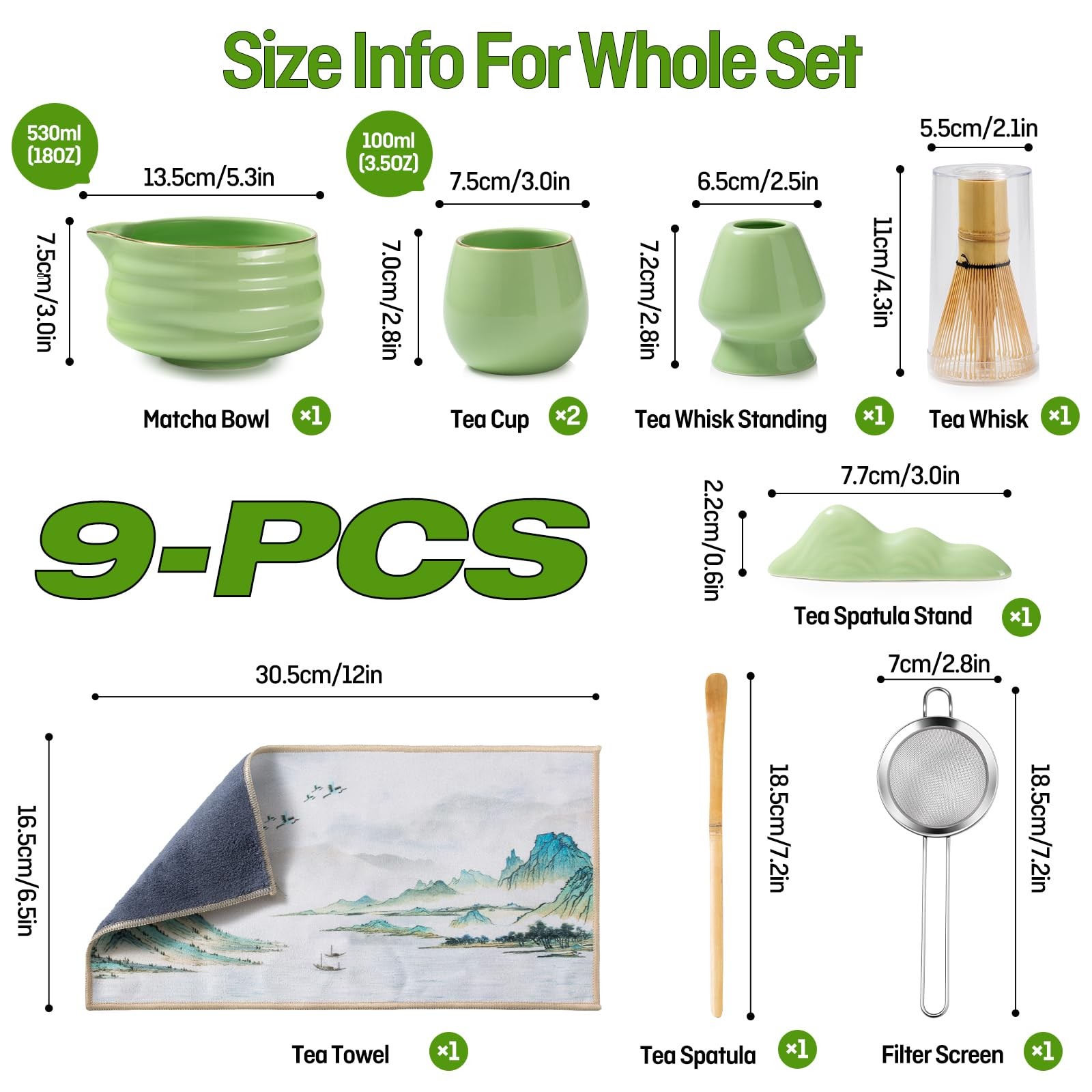 Japanese Style Ceramic Matcha Set – 9 Pcs Kit with 530ml Bowl, 2 Gold-Inlaid …