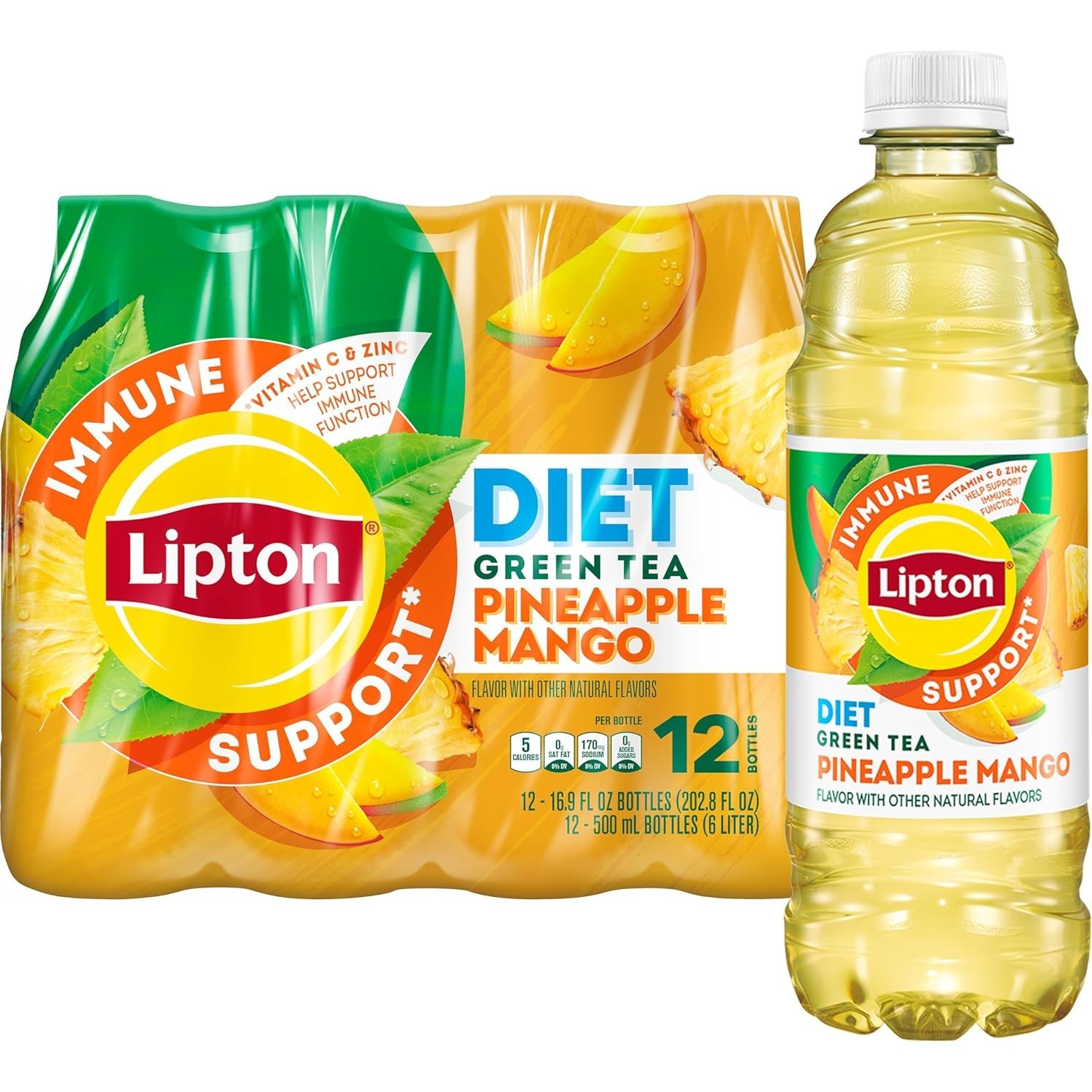 Lipton Immune Support Diet Pineapple Mango, 16.9 Fl Oz Bottles (Pack of 12)