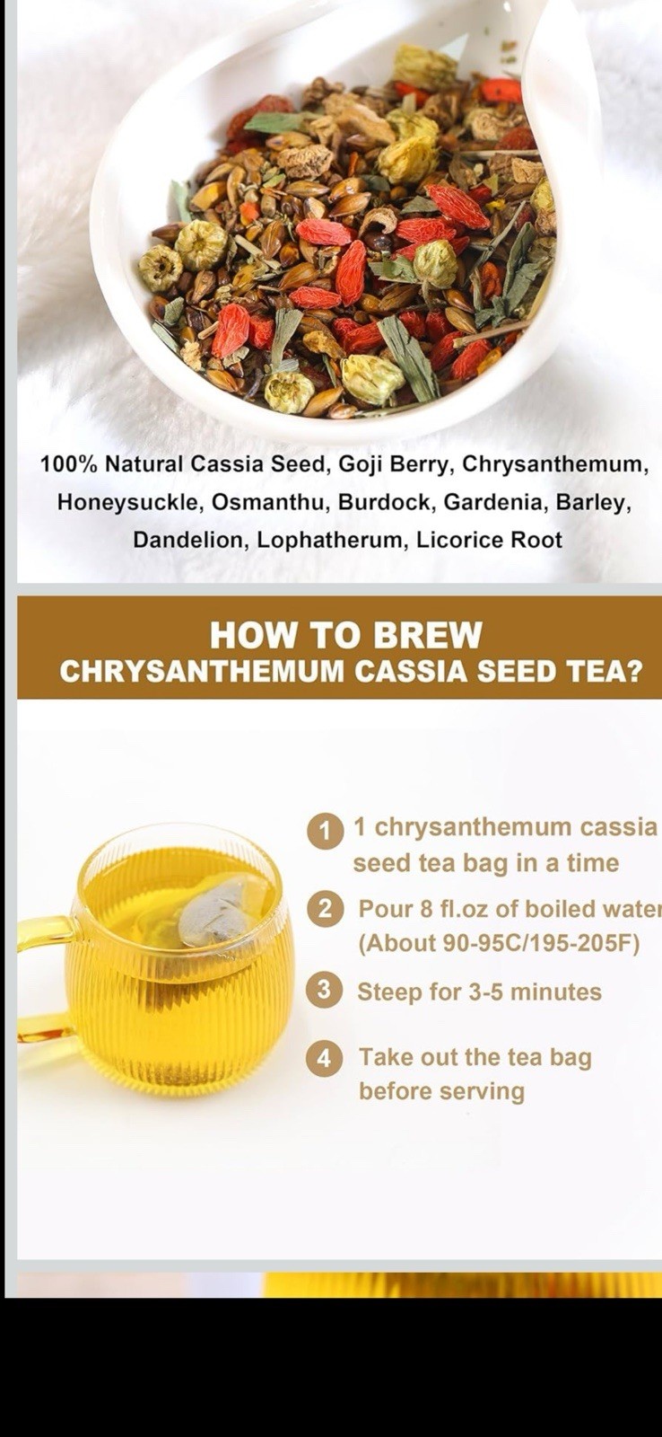 FullChea Chrysanthemum Cassia Seed Tea Bags 30 Count Caffeine Free