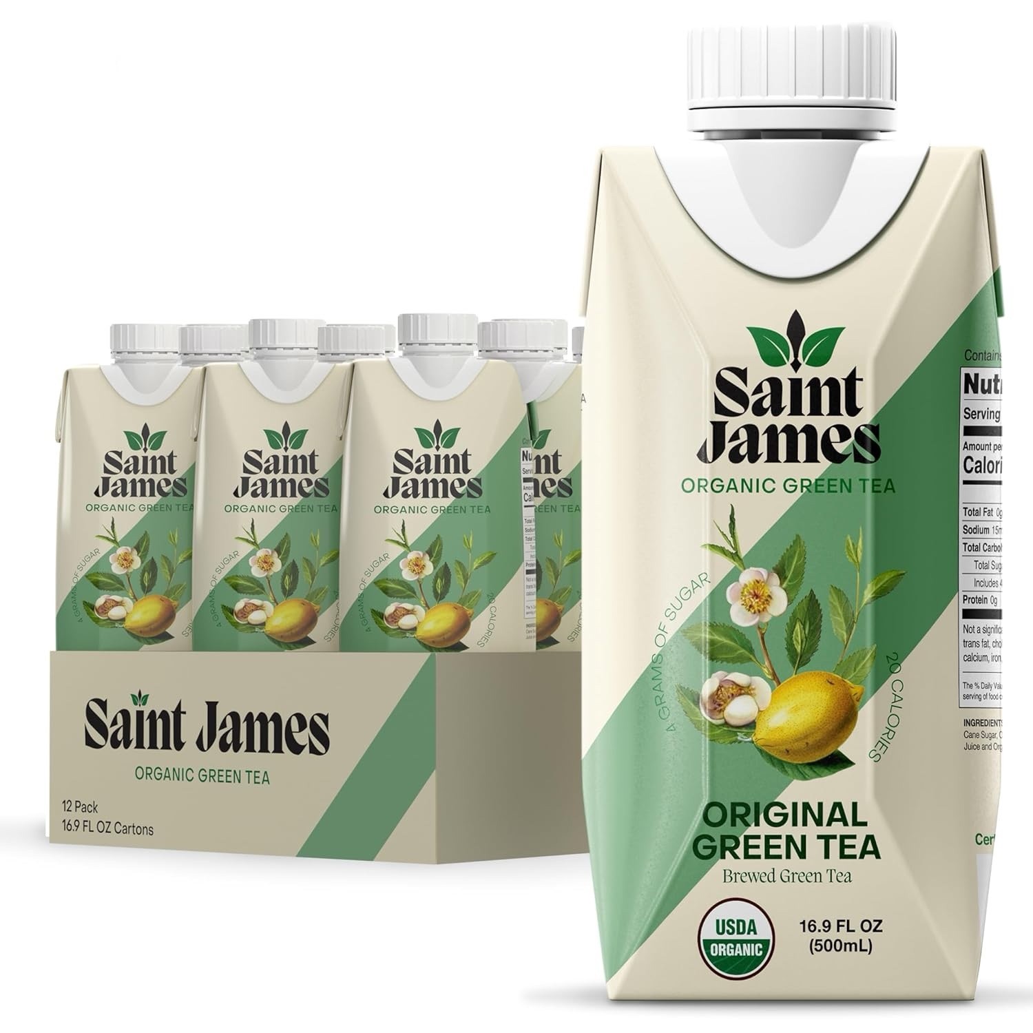 Saint James Organic Green Tea 12 Pack 16.9oz Zero Sugar Non GMO Bottled Tea