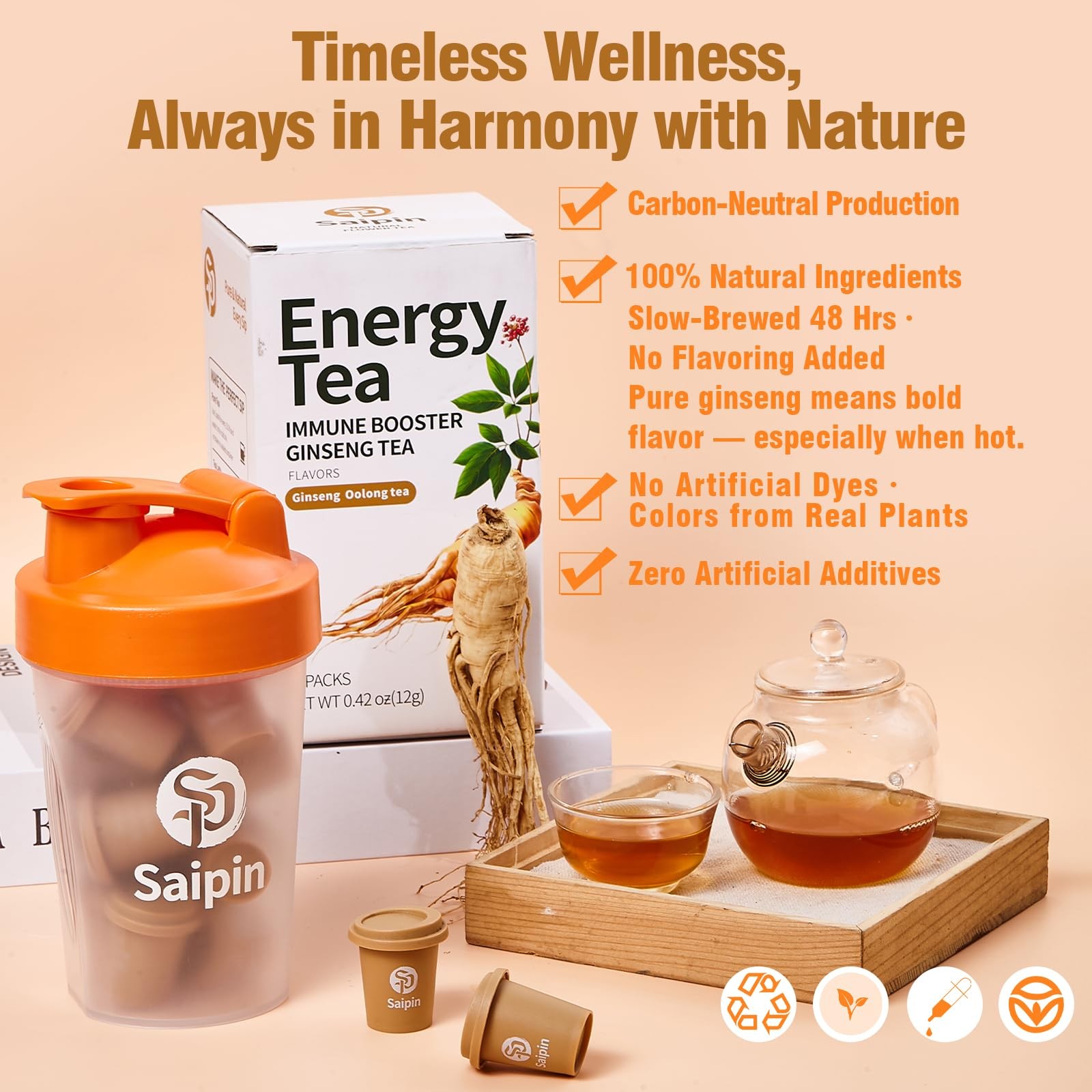 SAIPIN Organic Ginseng Tea20 Instant Oolong Tea with Free Shaker Bottle for N…