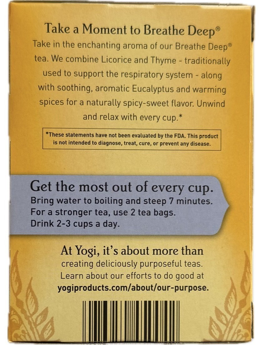 5 Pack Yogi Breathe Deep Herbal Tea 16 Bags Organic Caffeine Free Respiratory