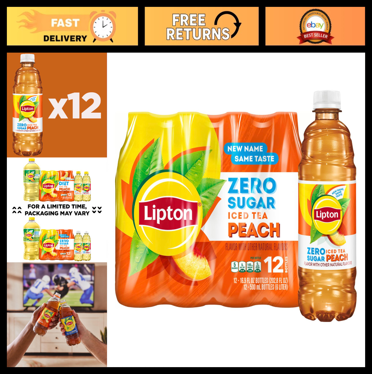 Zero Sugar Peach Iced Tea, 16.9 fl oz Bottles, 12 Pack – Refreshing Beverage