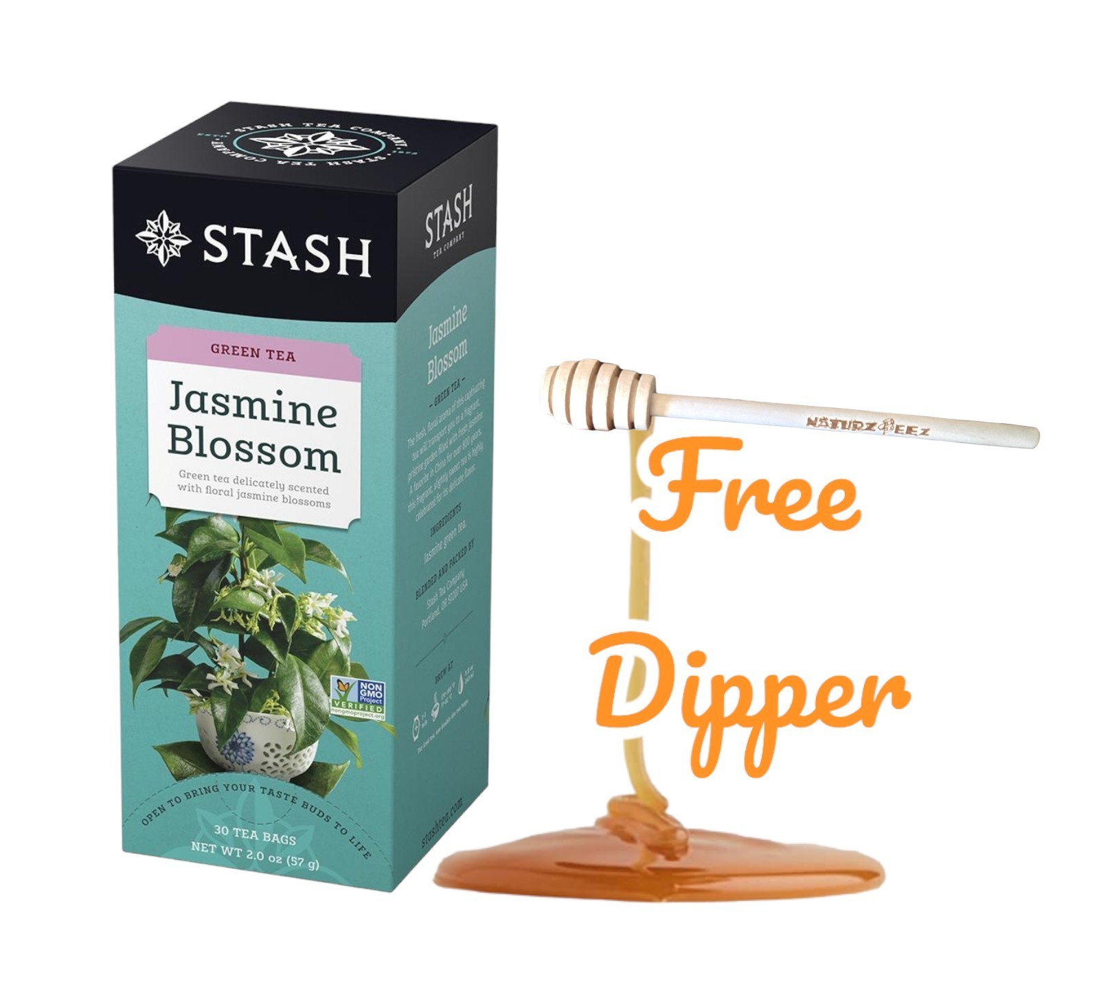 JASMINE GREEN TEA 30 Bags Free Honey Dipper (Not 20) Non-GMO Kosher