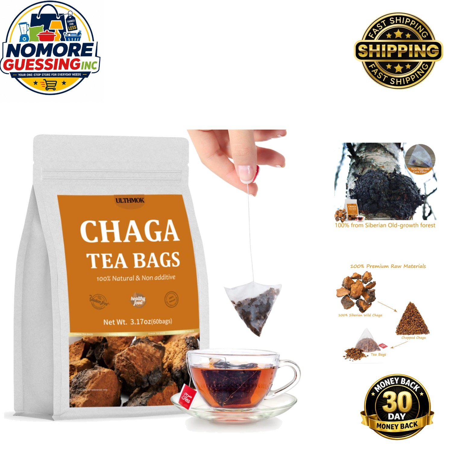 60 Chaga Tea Bags – 100% Pure Siberian Mushroom, Caffeine-Free Delight