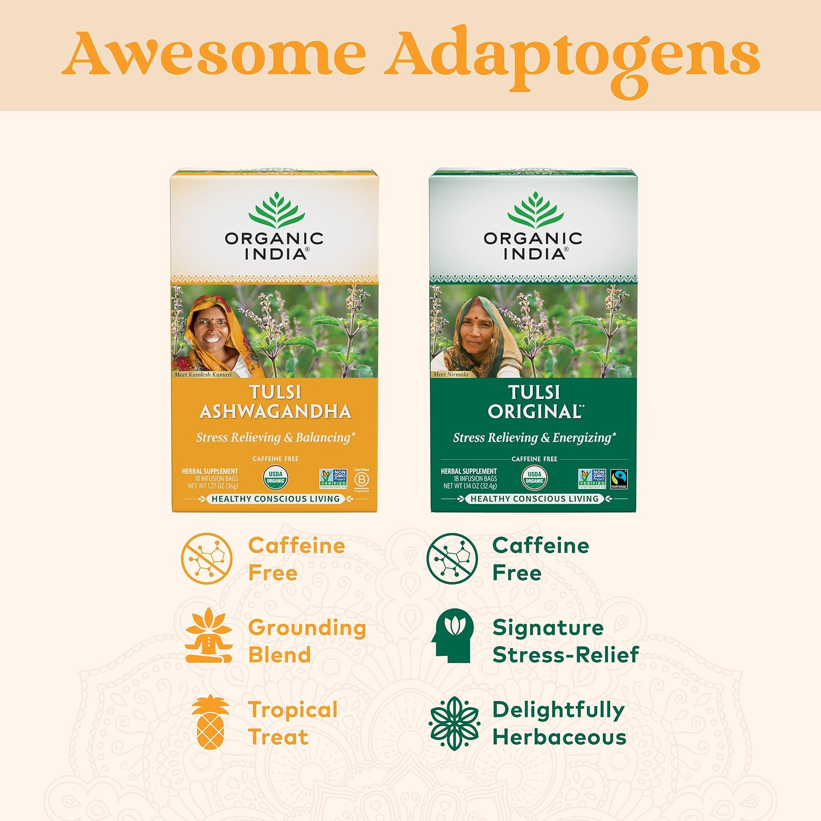 ORGANIC INDIA Calming Tulsi Ashwagandha Herbal 18 Count (Pack of 3), Natural