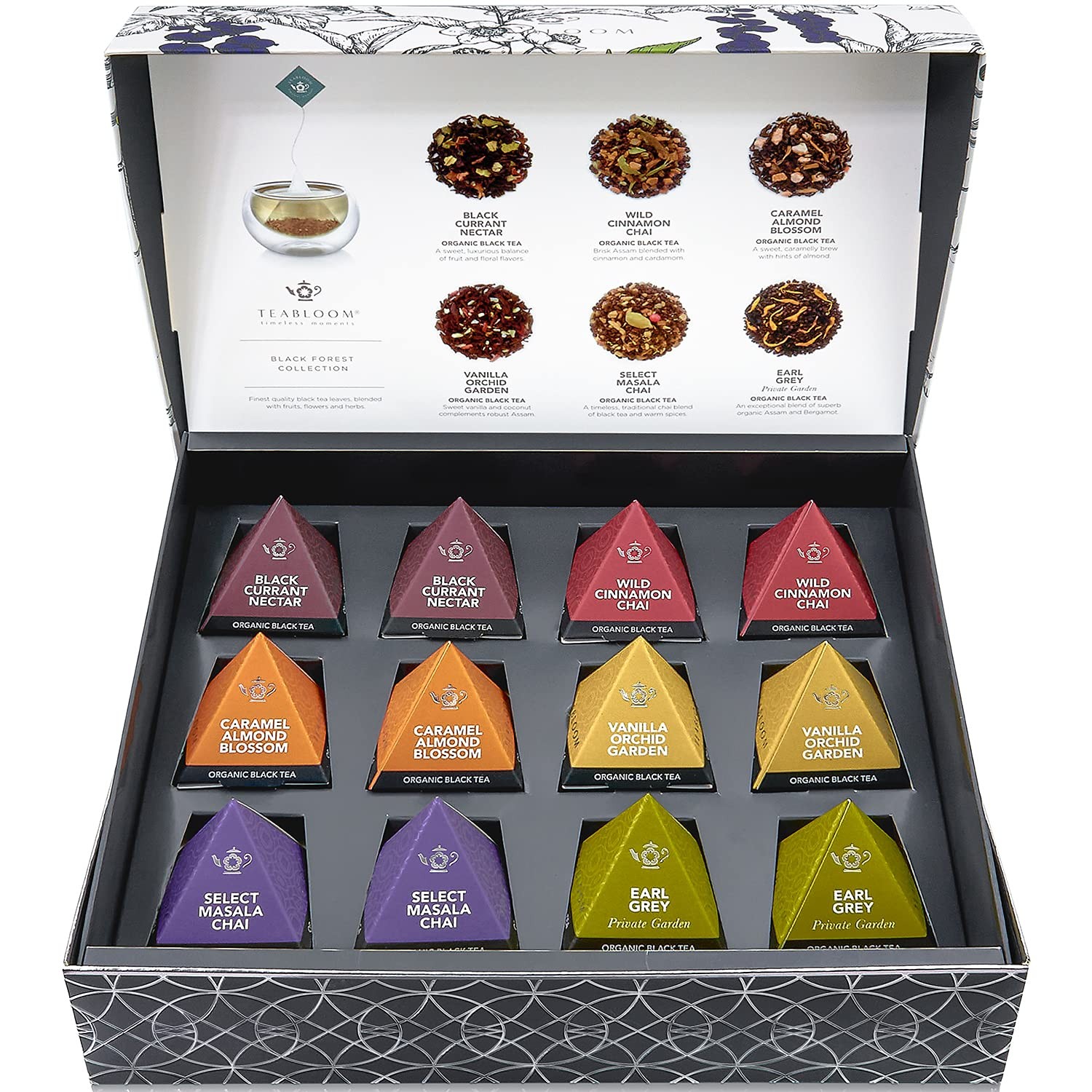 Organic Black Forest Pyramid Tea Presentation Box, 12 Assorted Black Tea Blen…