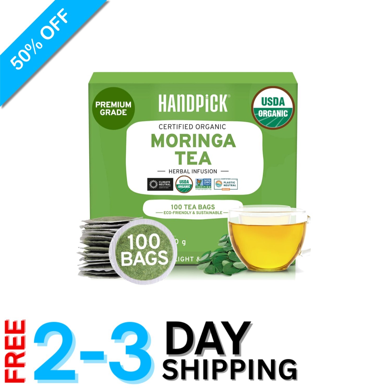 Eco-Friendly Organic Moringa Tea Bags – 100 Count Non-GMO for Healthy Living