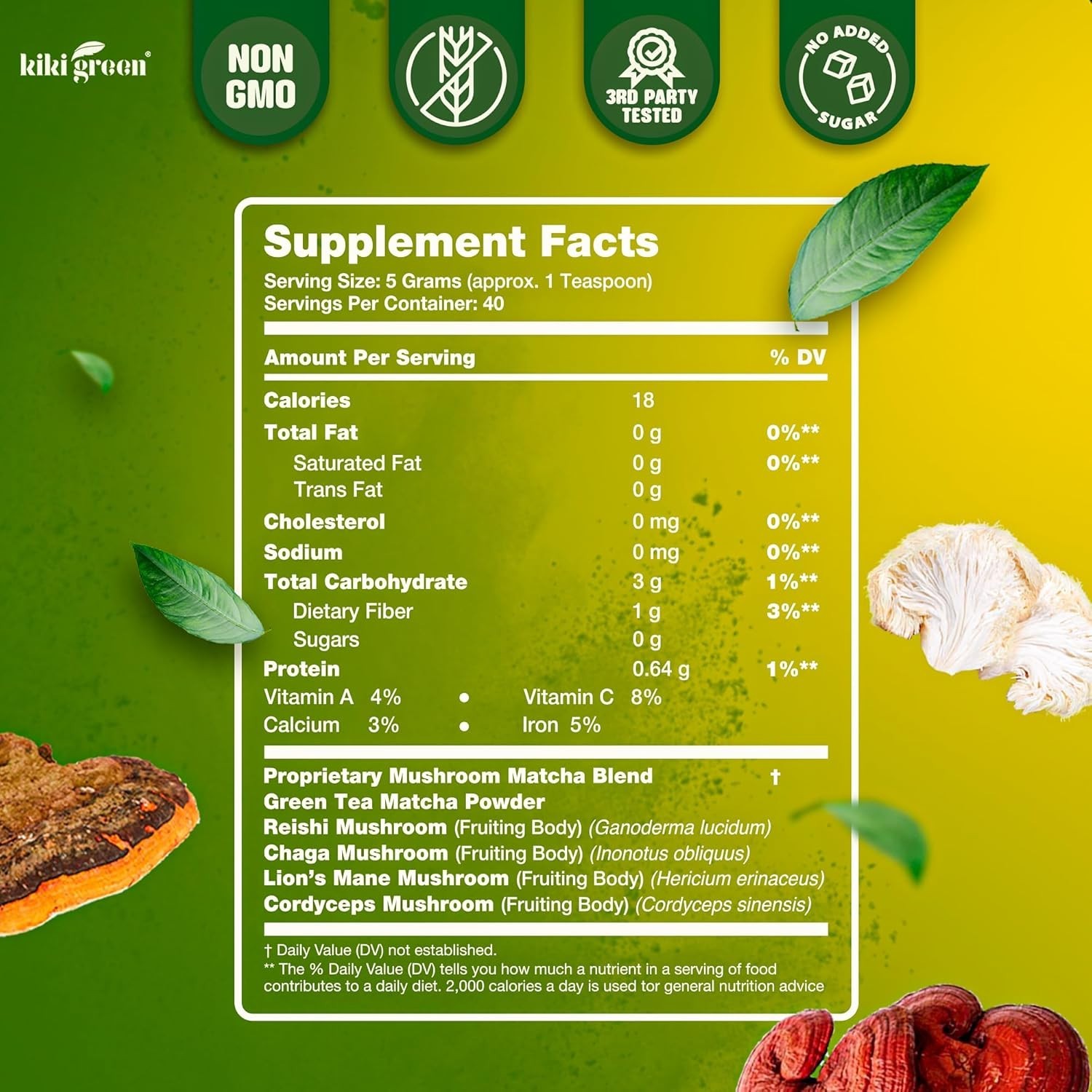KIKI Green Mushroom Matcha Super Blend – Matcha Powder with Lion’s Mane, Chaga,