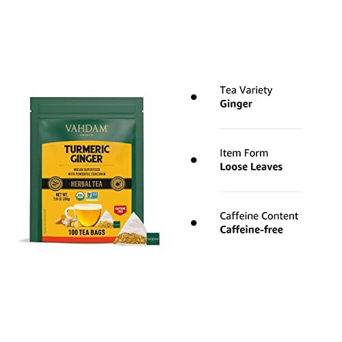 Vahdam Turmeric Ginger Herbal Tea 100 Count Caffeine Free Biodegradable Bags