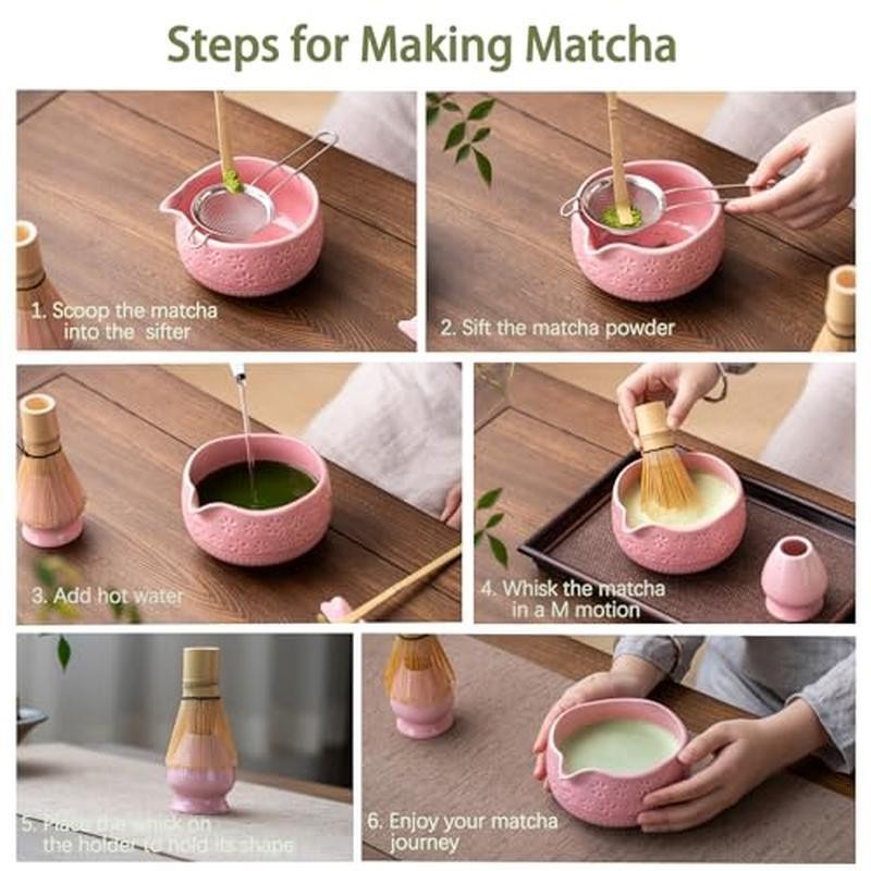Matcha Whisk Set W/ Bowl Sifter Bamboo Scoop Holder Tea Towel 7 Pcs Kit Pink New