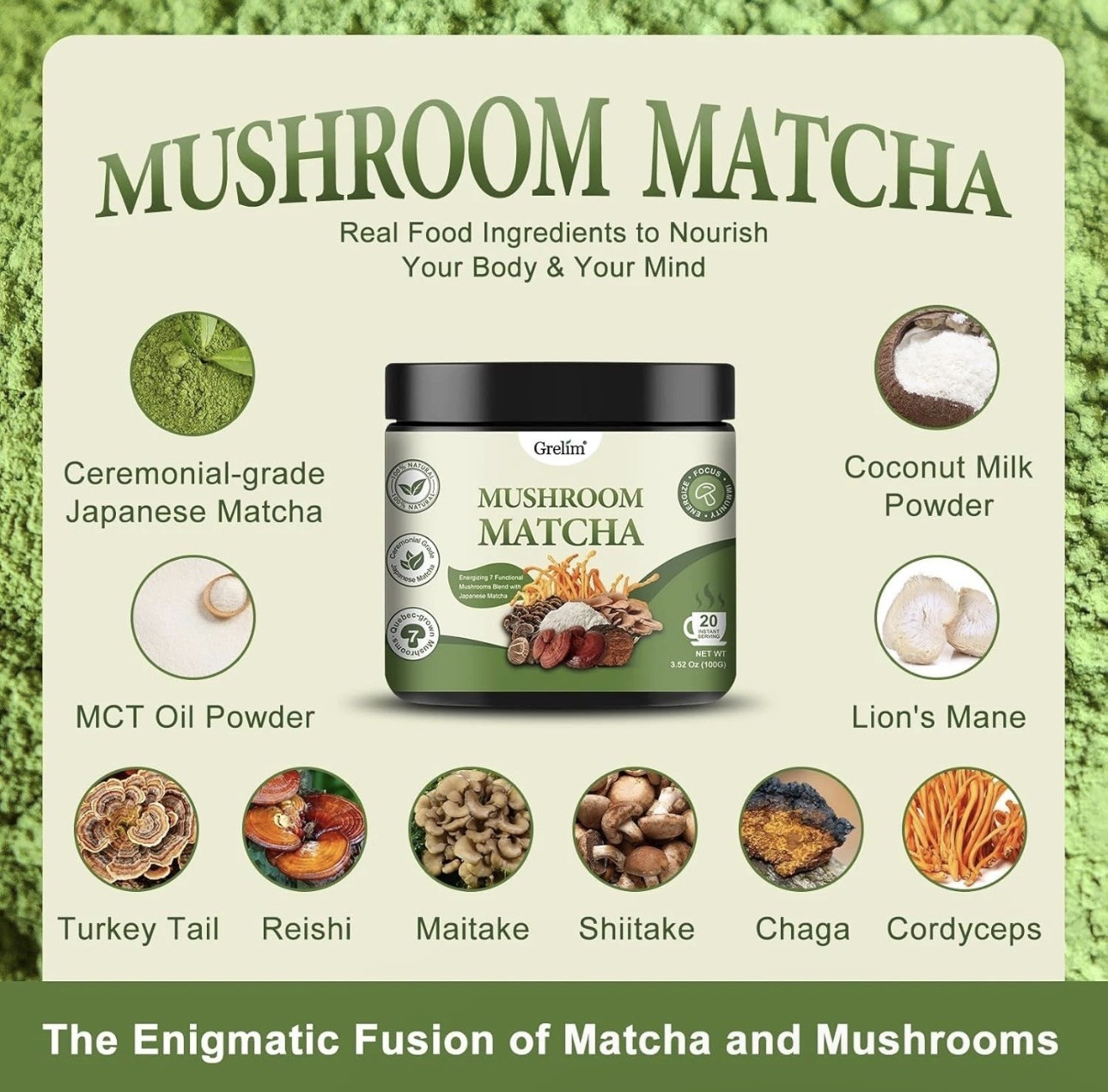 3.52 Oz, Grelim Mushroom Matcha Infused With 7 Superfood Mushrooms, MCT Oil