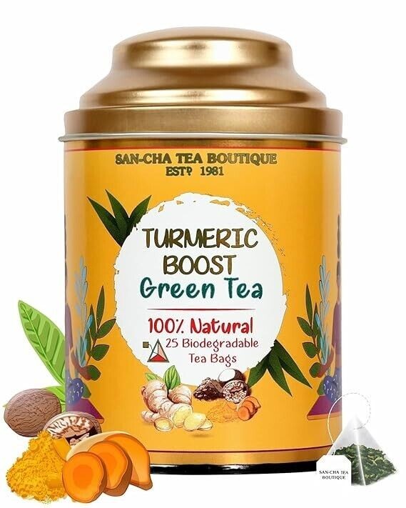 SAN CHA Turmeric Tea, 25 Pyramid Tea Bags, Green Tea Blended With Curcumin Rich