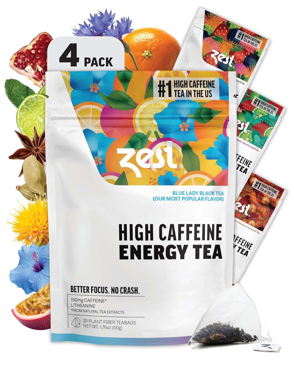 Energy Tea Assortment Box – High Caffeine Tea Bags Sampler with Black & Green Te