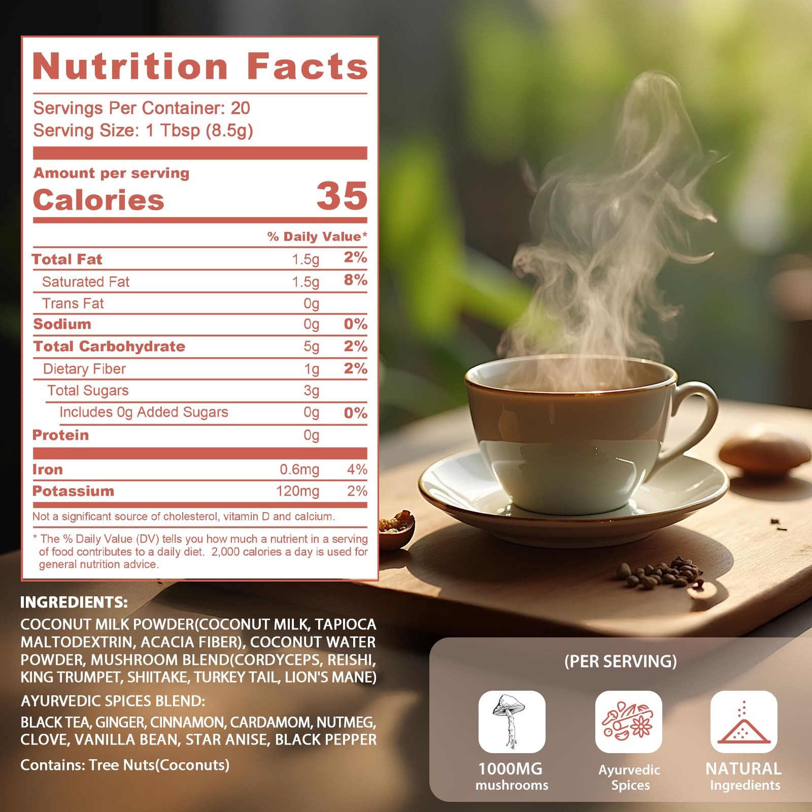 Balincer Mushroom Chai, 6 Adaptogenic Mushrooms Lion’s Mane, Cordyceps, Turke…