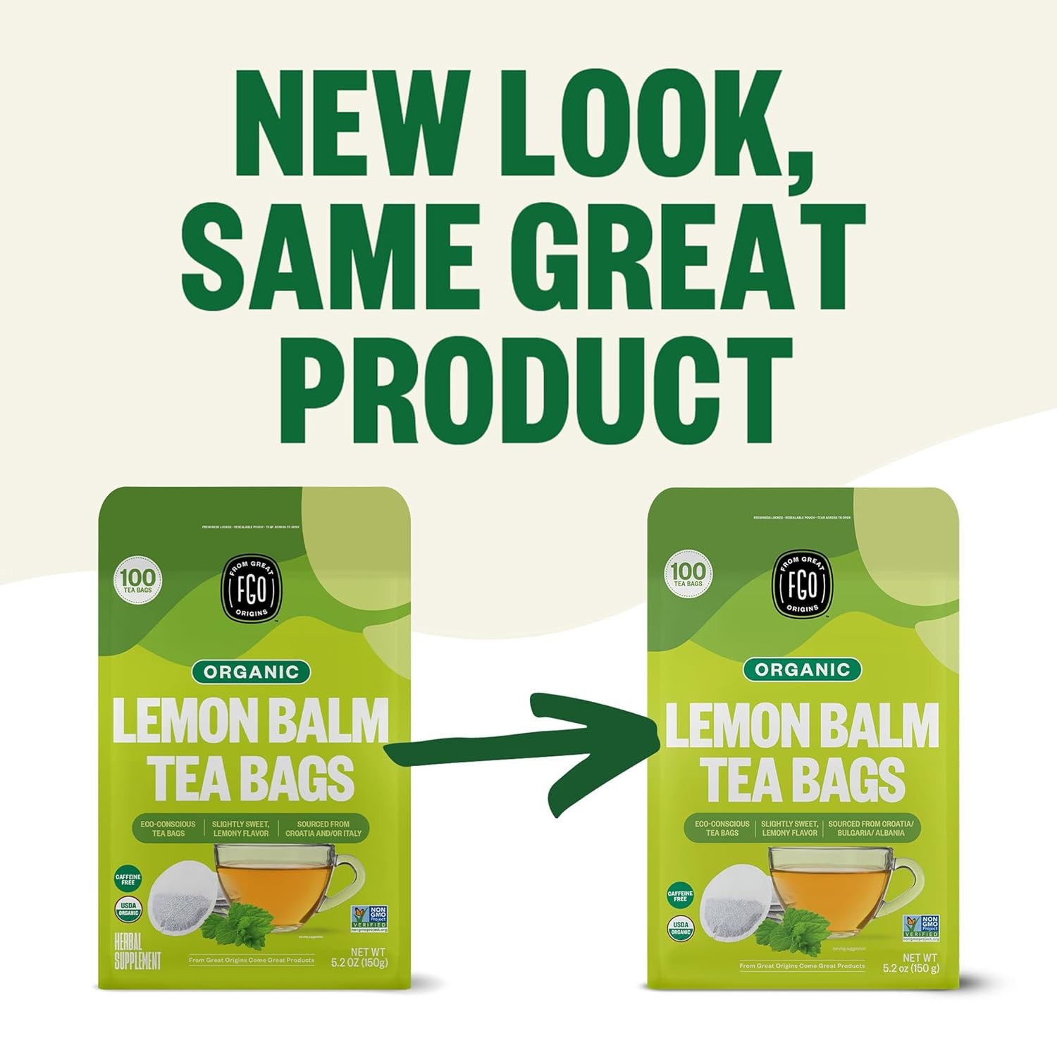 FGO Organic Lemon Balm Tea, 100 Count, Eco-Conscious Herbal Tea Bags, Resealable