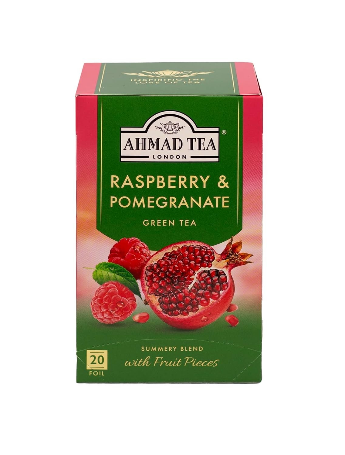 20 Count Ahmad Green Tea Bags – Raspberry & Pomegranate Flavor, Allergen-Free