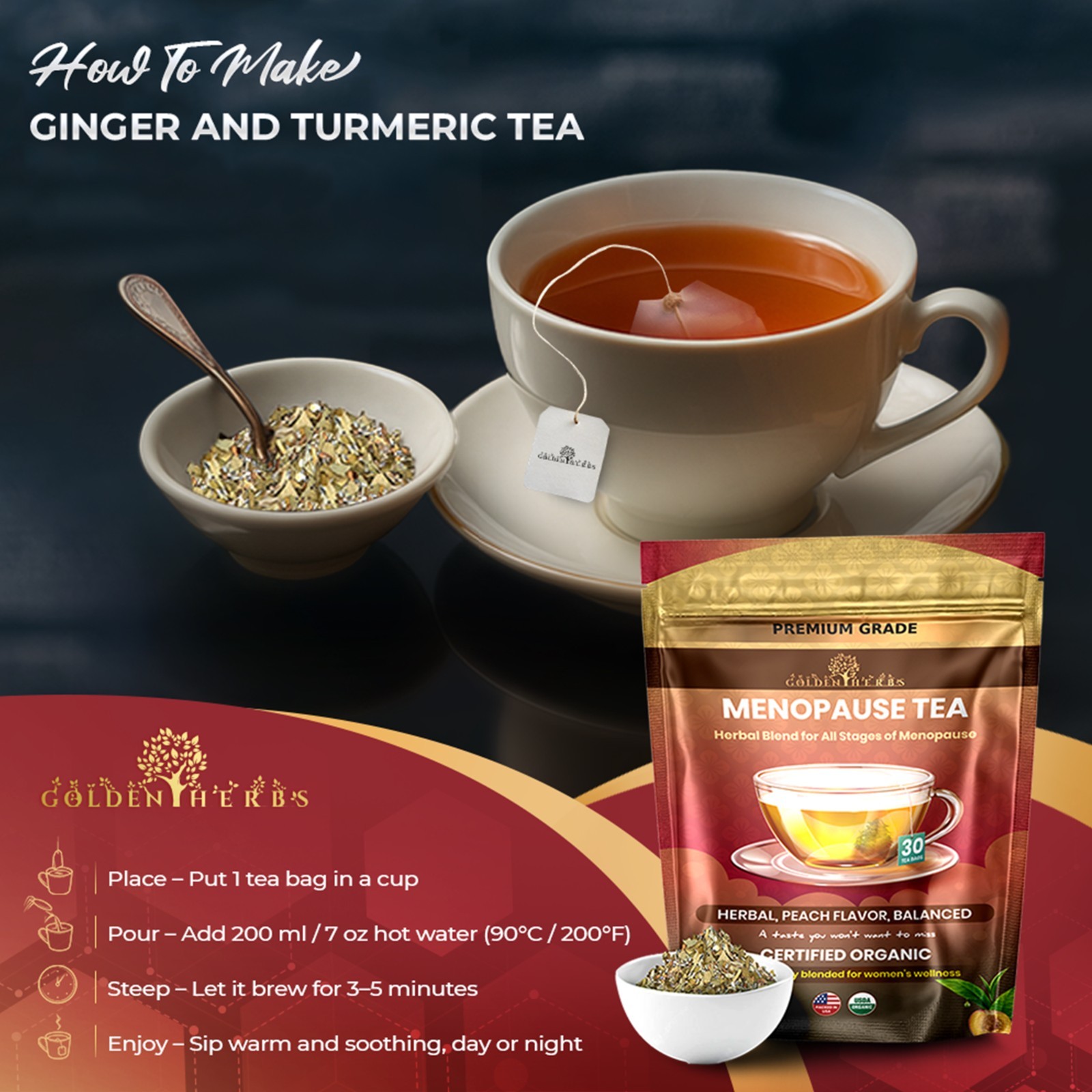 Golden Herbs Menopause Wellness Tea 30 Caffeine-Free Tea Bags Soothing Blend