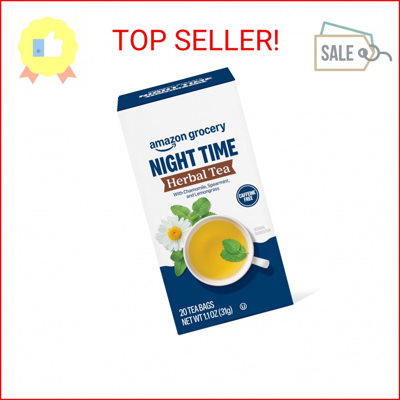 Amazon Grocery, Night Time Herbal Tea, Caffeine Free, 1.1 Oz, 20 Ct