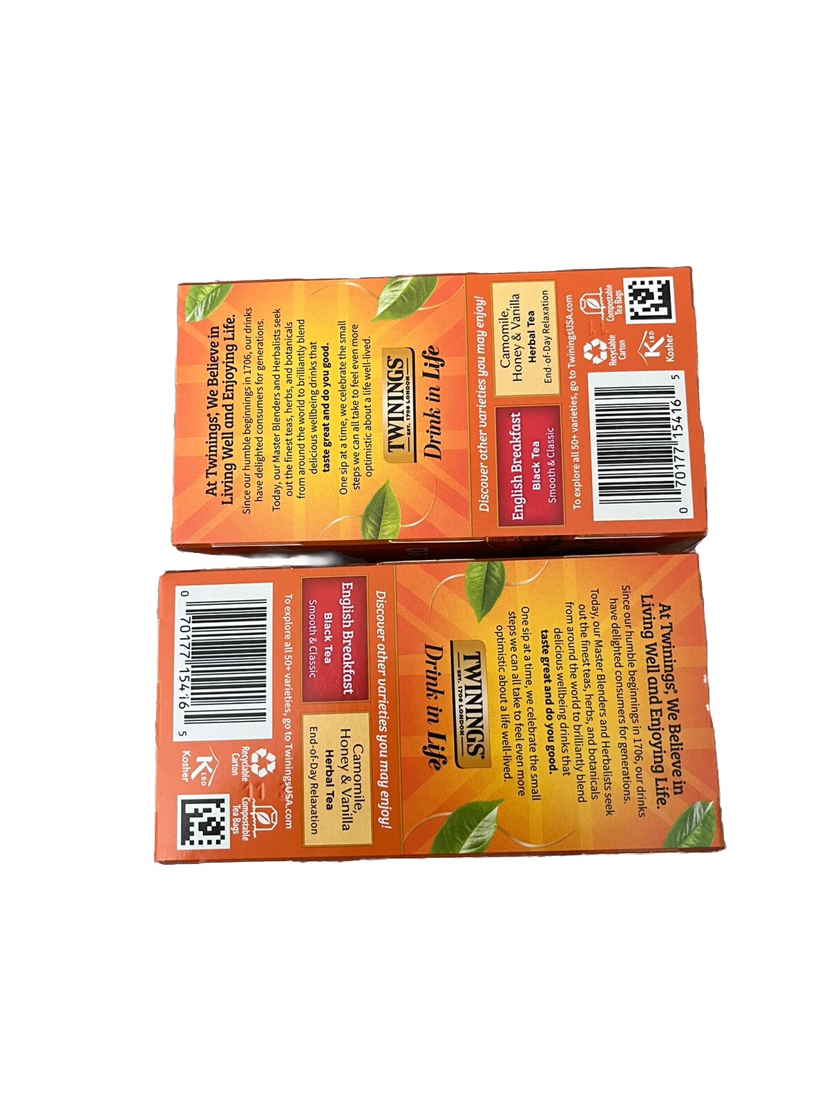 2 X Twinings 100% Pure Black Tea Ceylon Pure Black Tea 20 Bag (each)