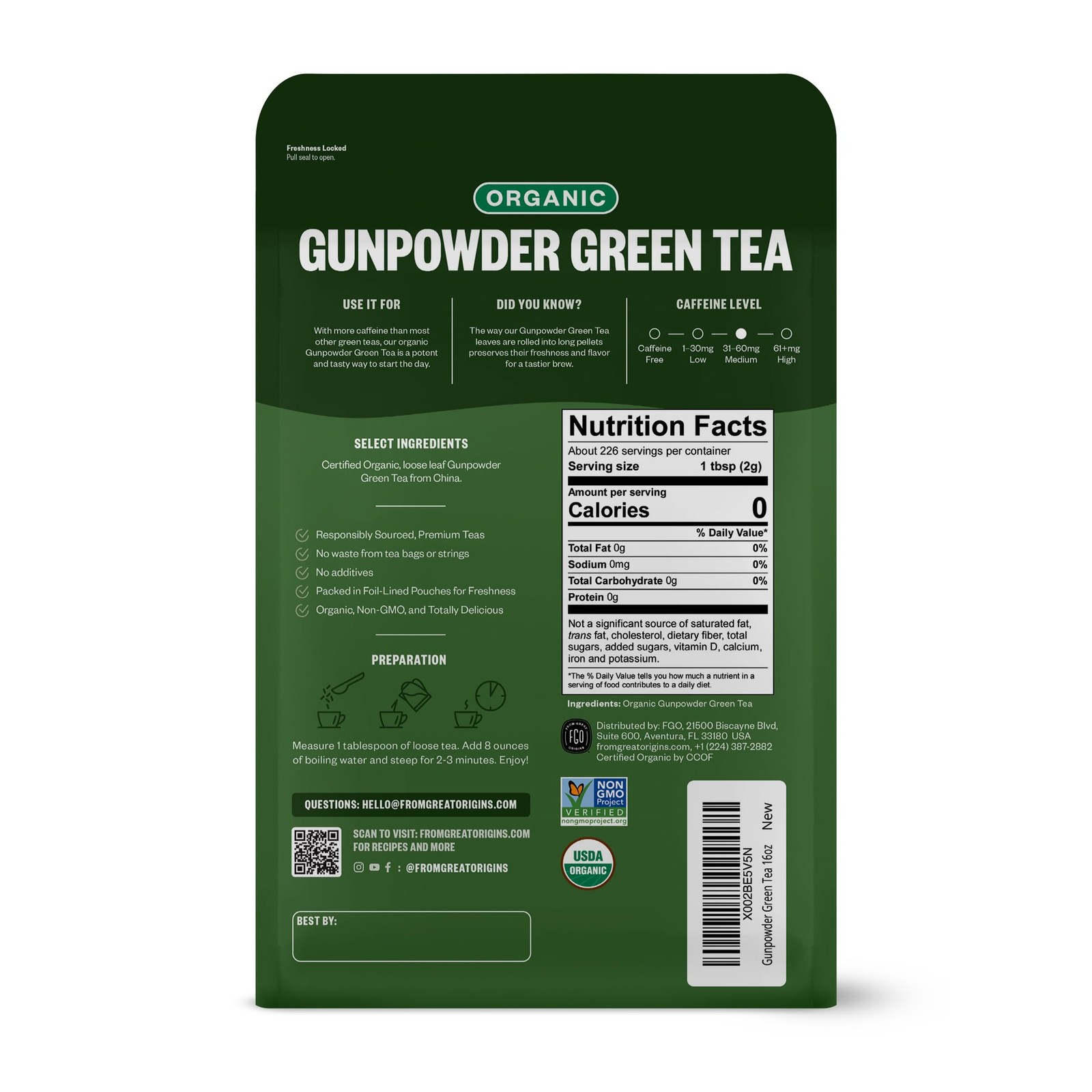Organic Gunpowder Green Tea, Loose Leaf, 453g Bulk Resealable Bag, Packaging …